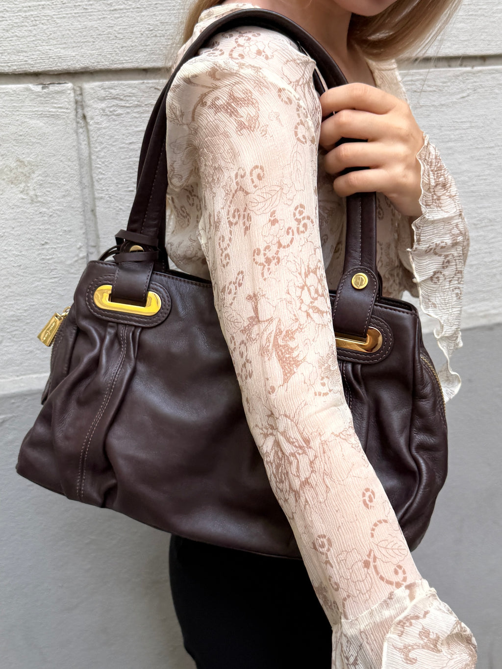 Y2K 100% Genuine Leather Brown & Gold Hardware Bag