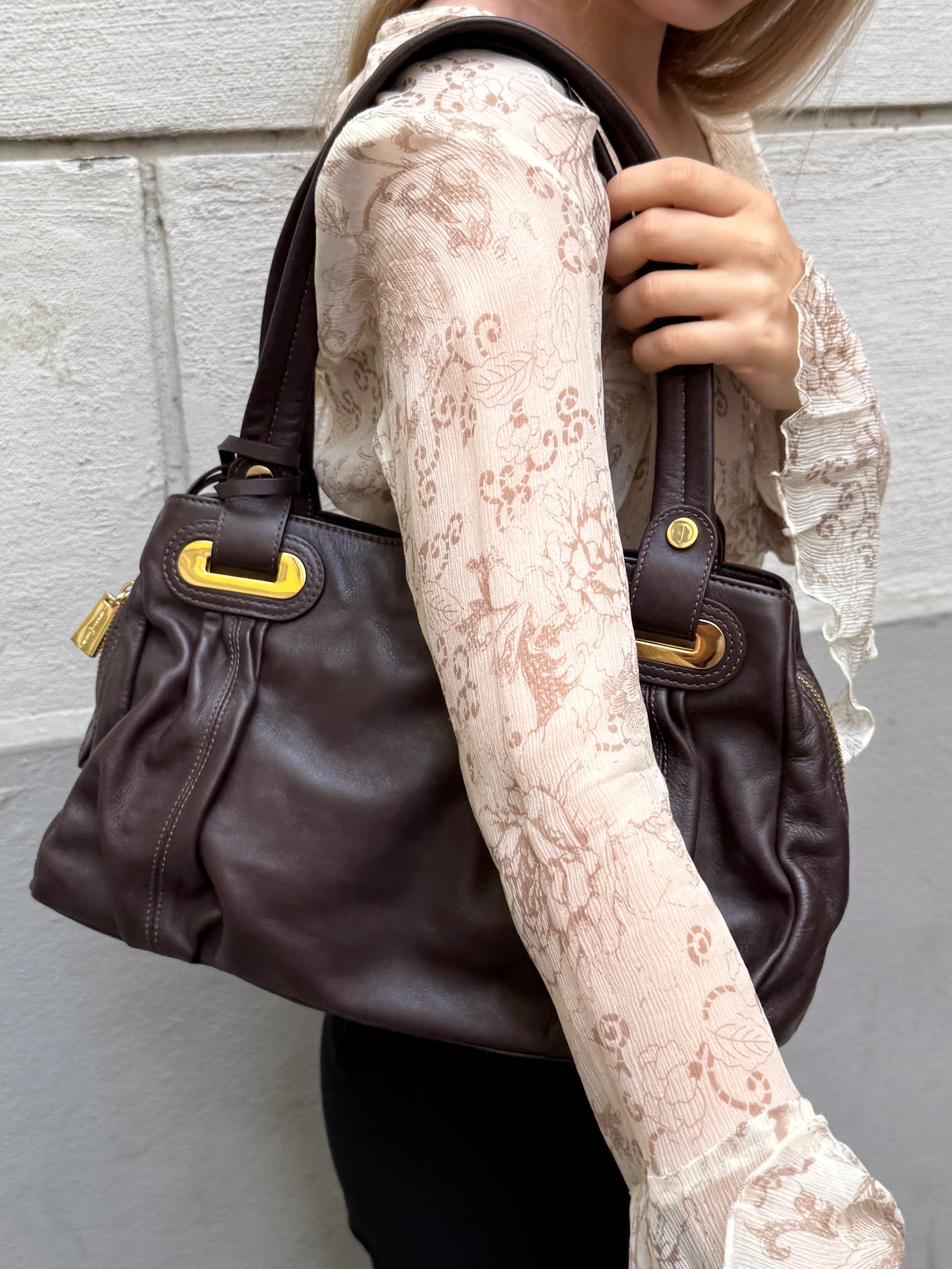 Y2K 100% Genuine Leather Brown & Gold Hardware Bag