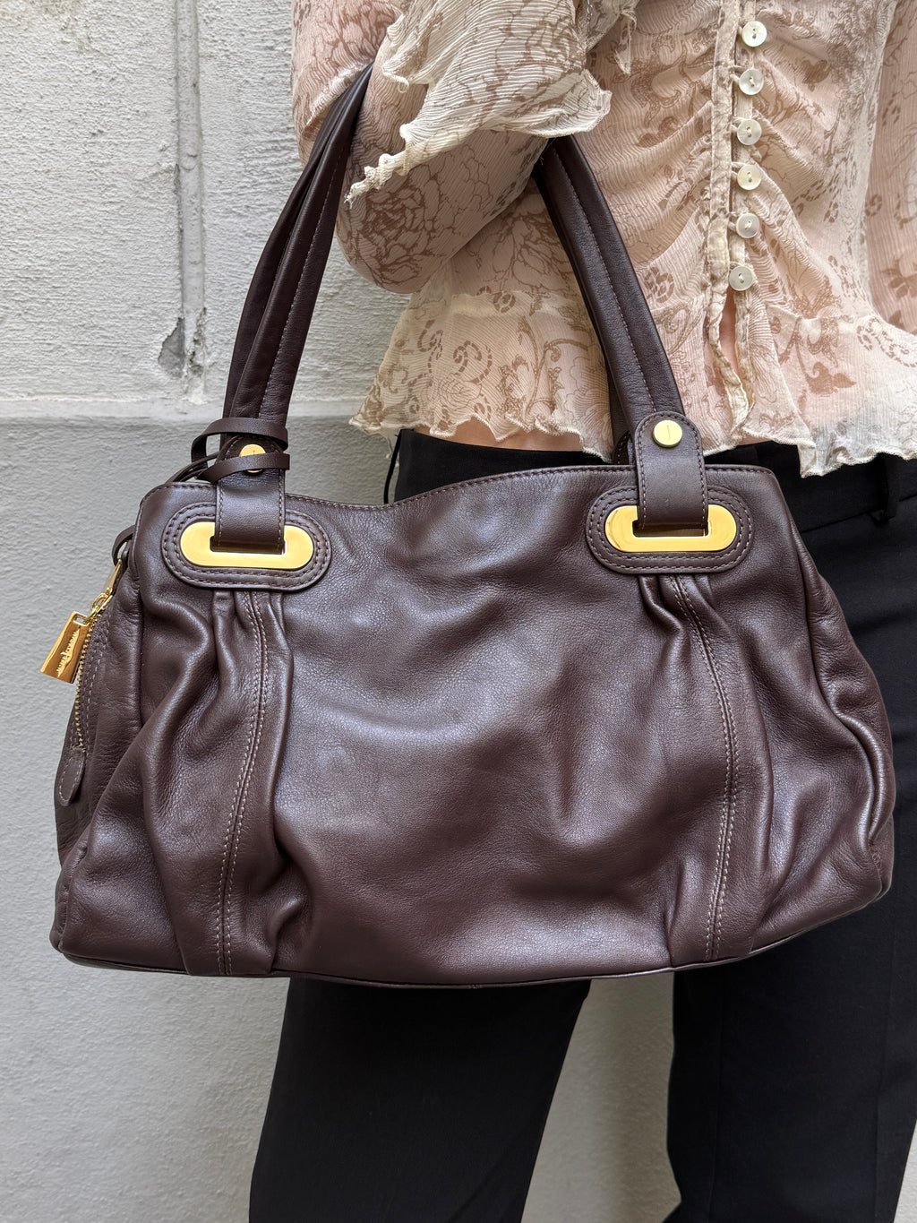Y2K 100% Genuine Leather Brown & Gold Hardware Bag