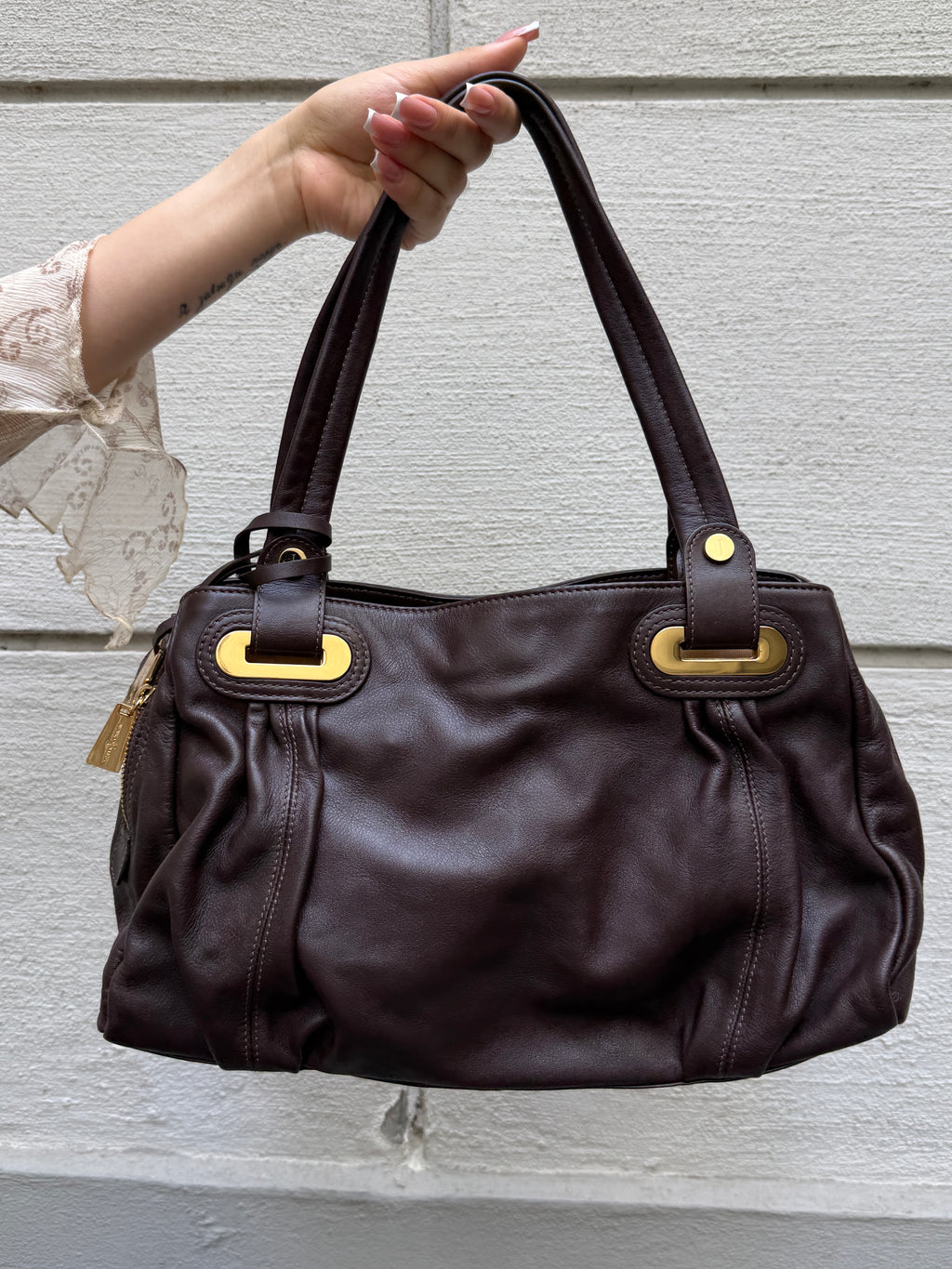 Y2K 100% Genuine Leather Brown & Gold Hardware Bag