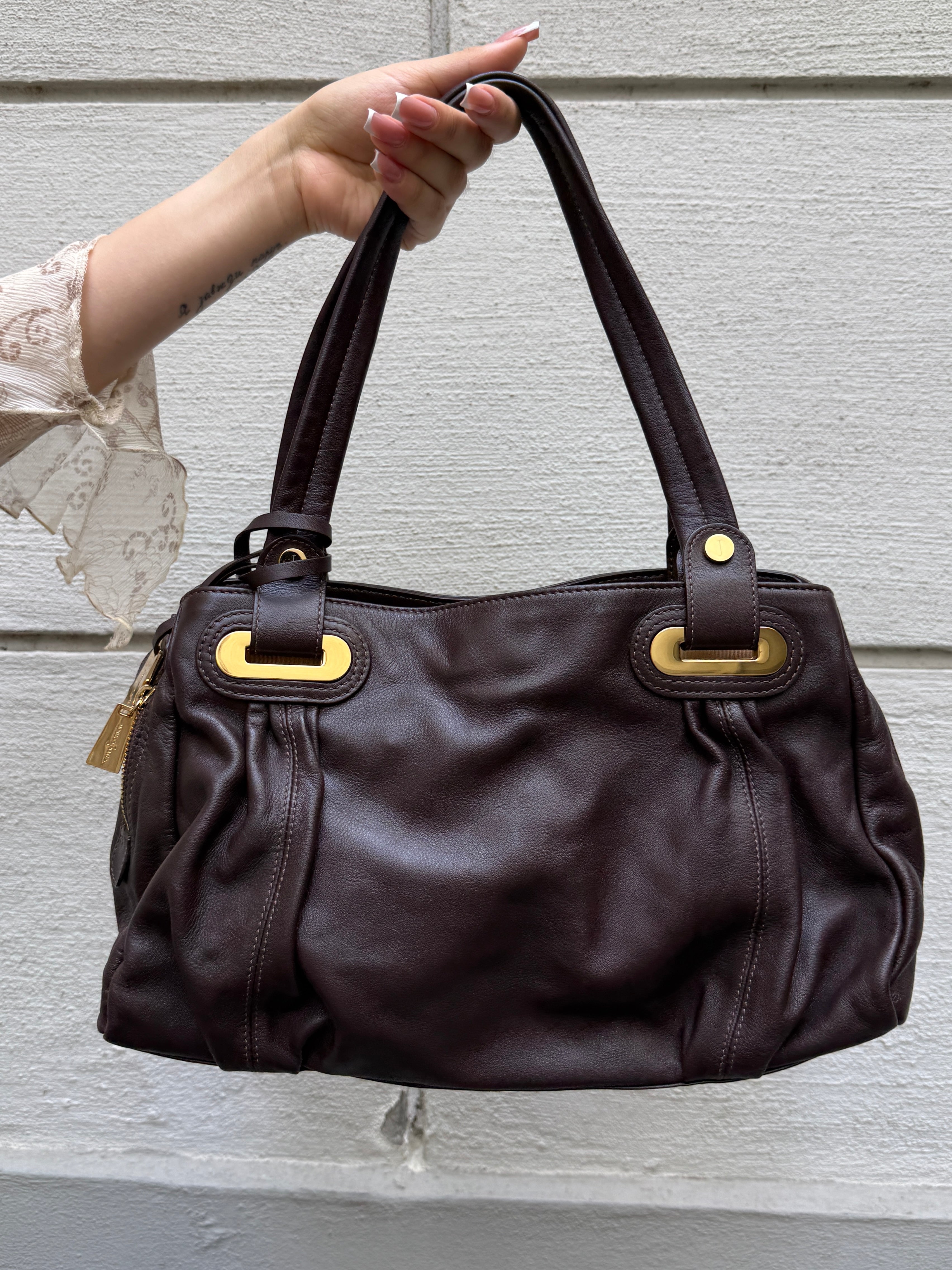 Y2K 100% Genuine Leather Brown & Gold Hardware Bag