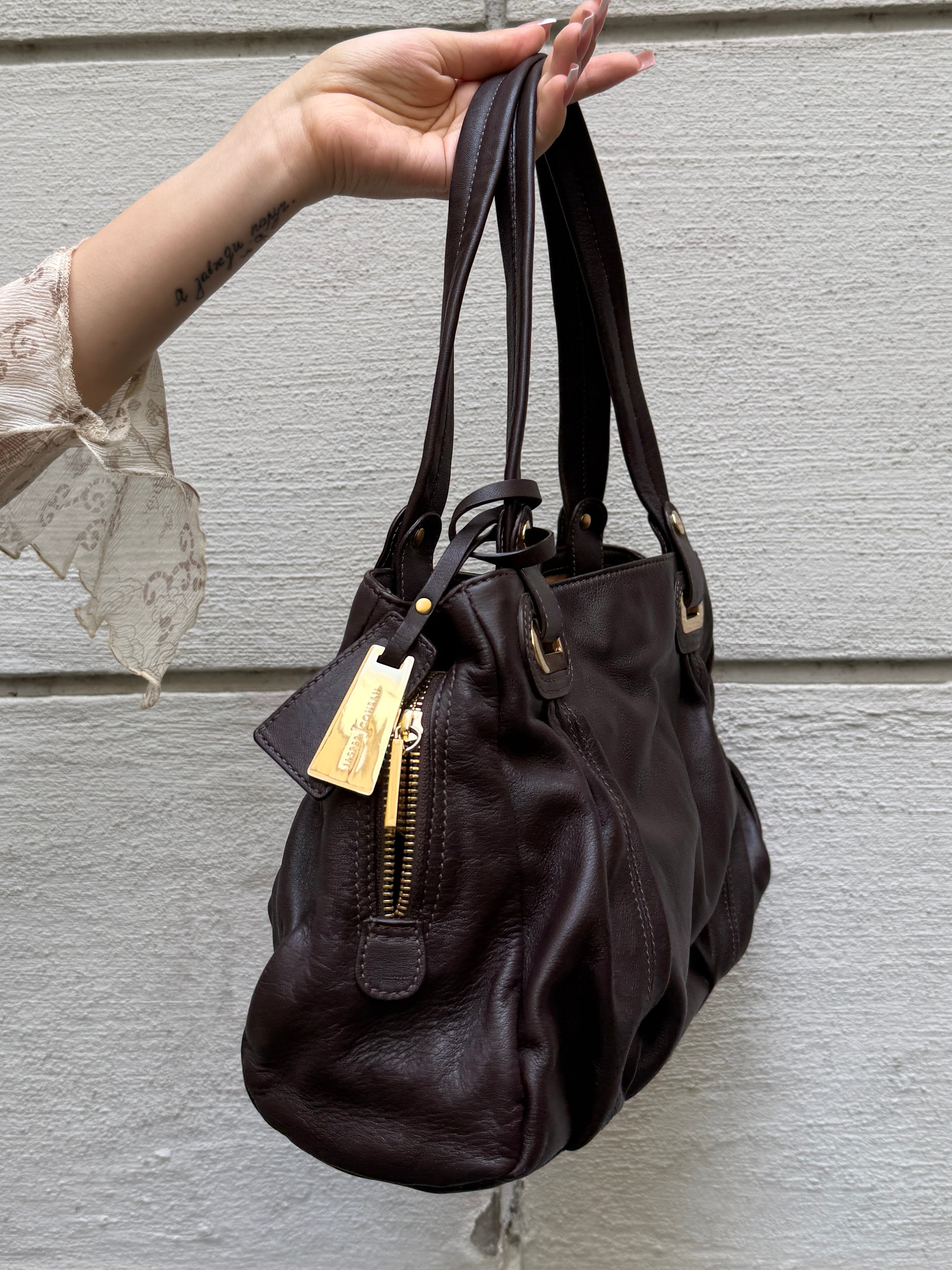 Y2K 100% Genuine Leather Brown & Gold Hardware Bag