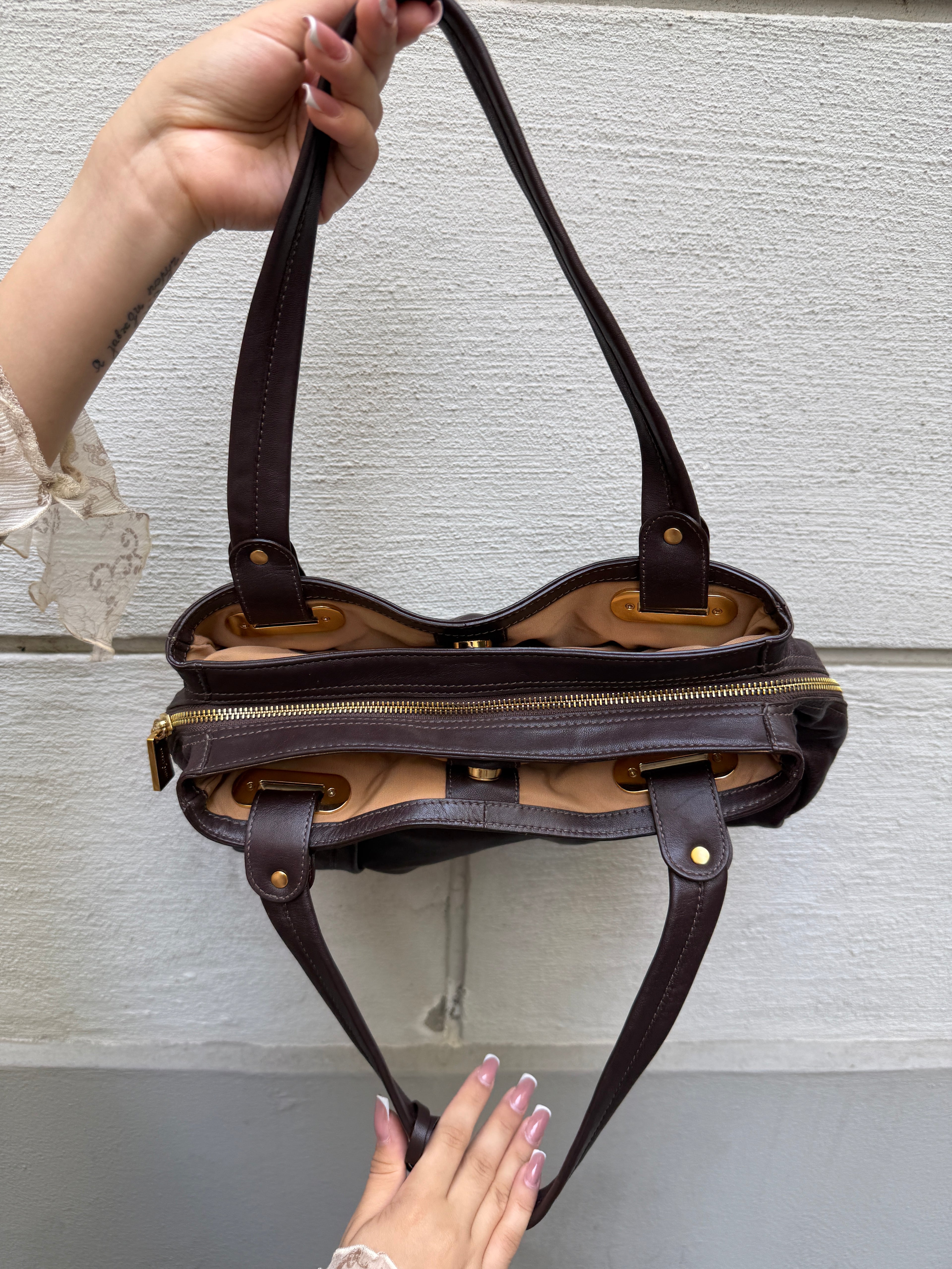 Y2K 100% Genuine Leather Brown & Gold Hardware Bag