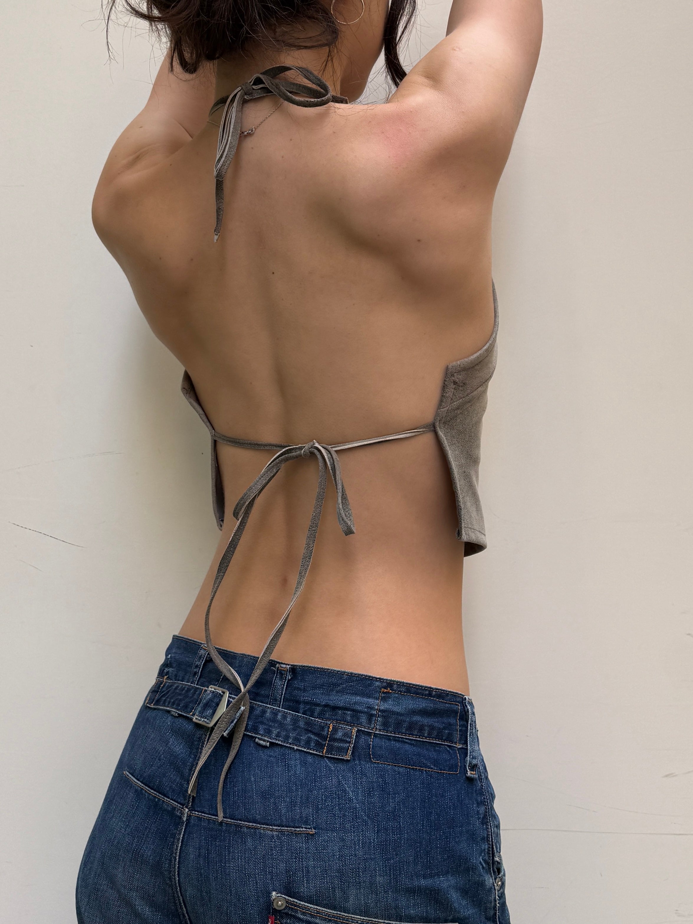 Taupe 100% Genuine Nappa Leather Halter Top One Size