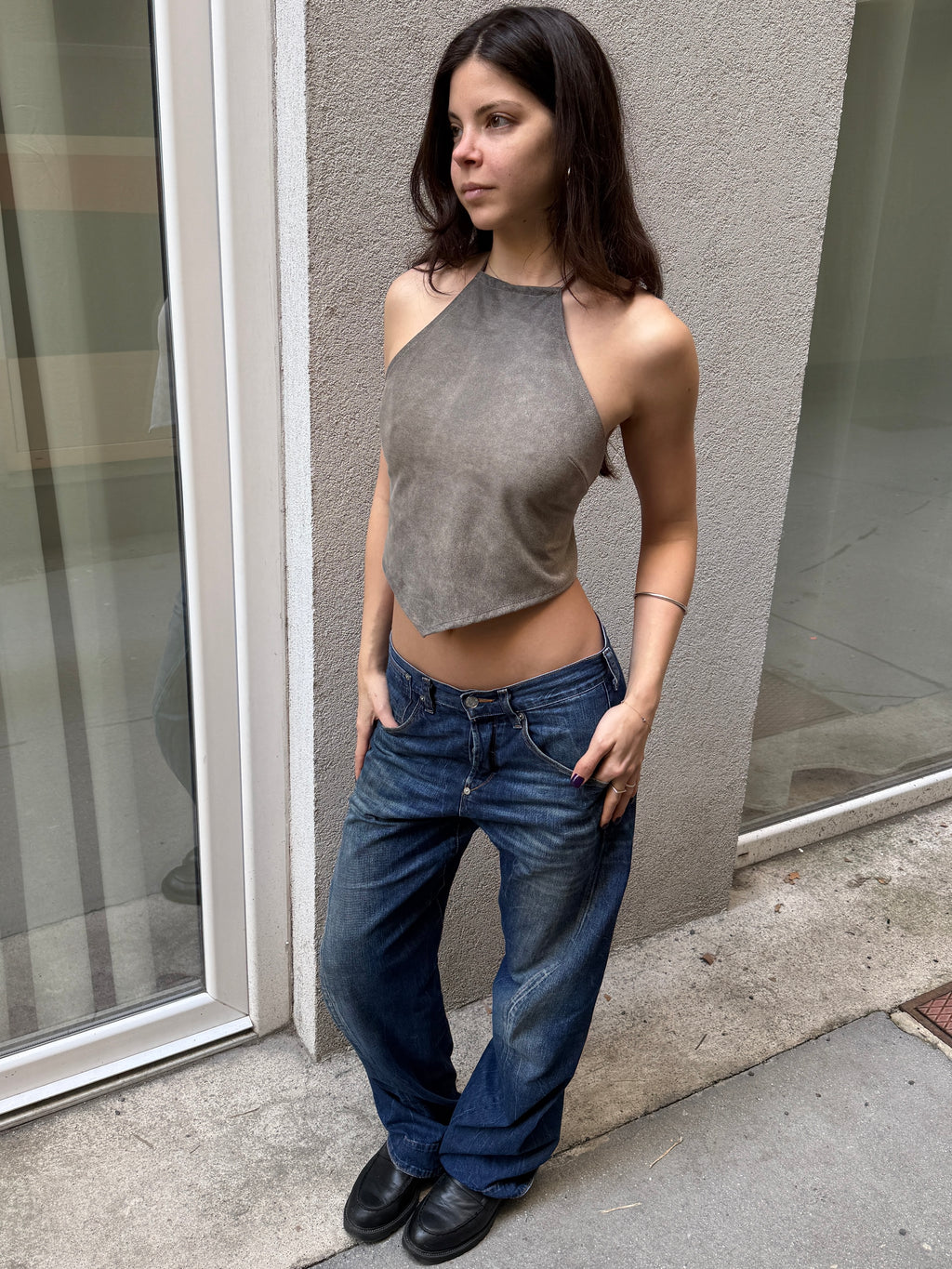 Taupe 100% Genuine Nappa Leather Halter Top One Size