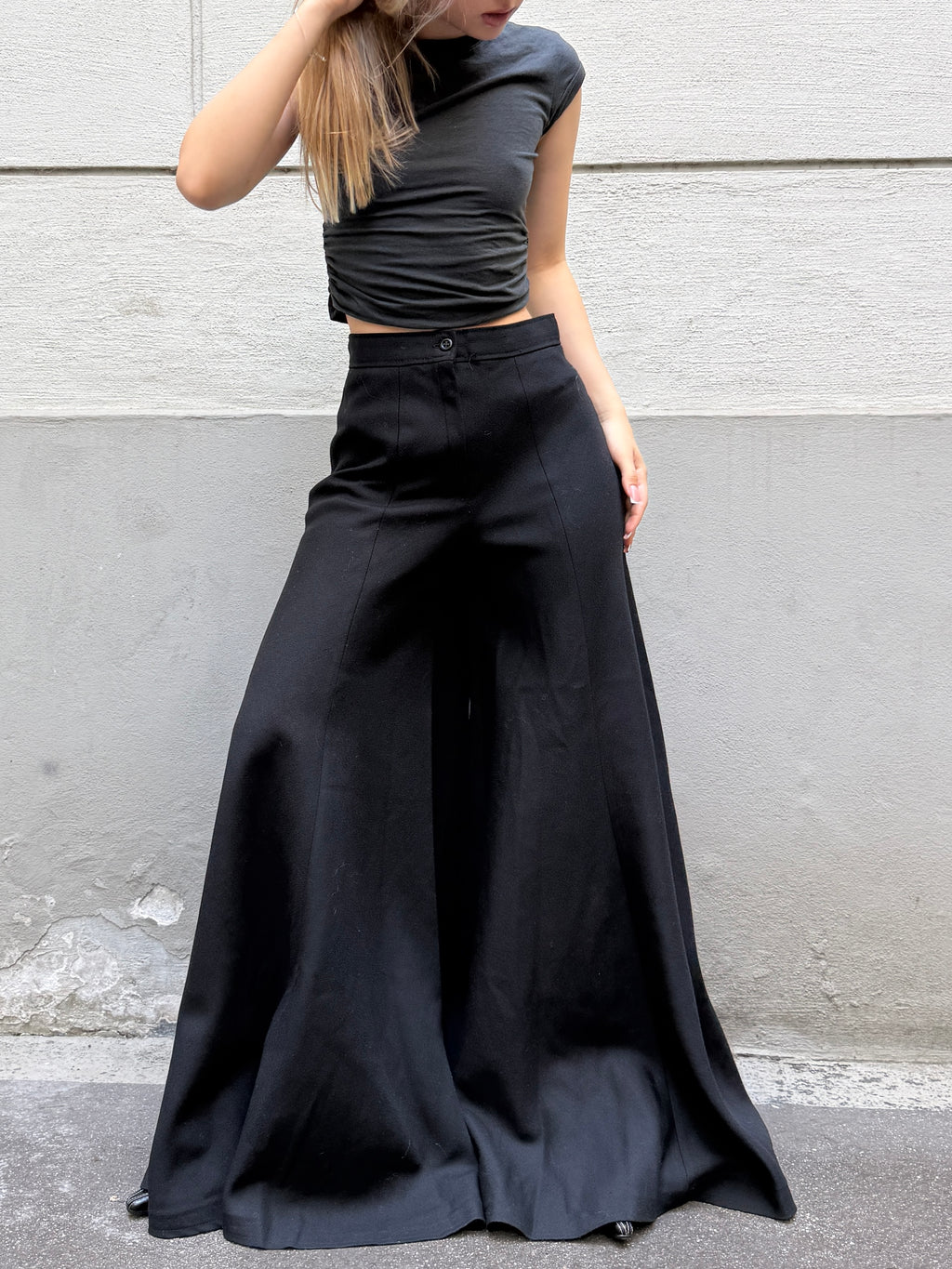 Vintage Wool Black Extra Wide Leg Trousers XS