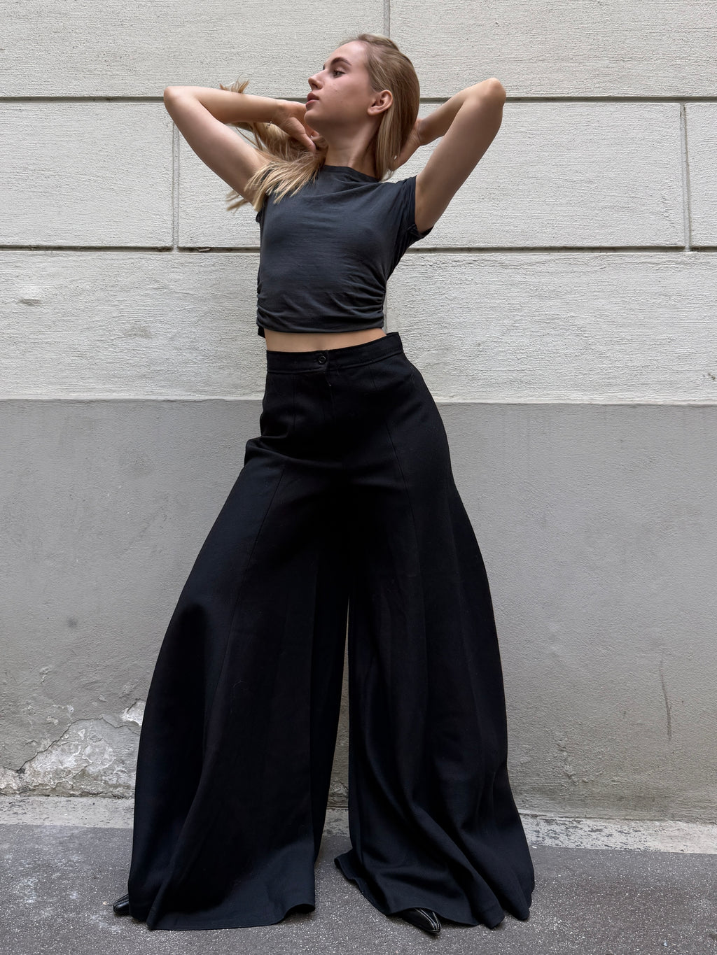 Vintage Wool Black Extra Wide Leg Trousers XS
