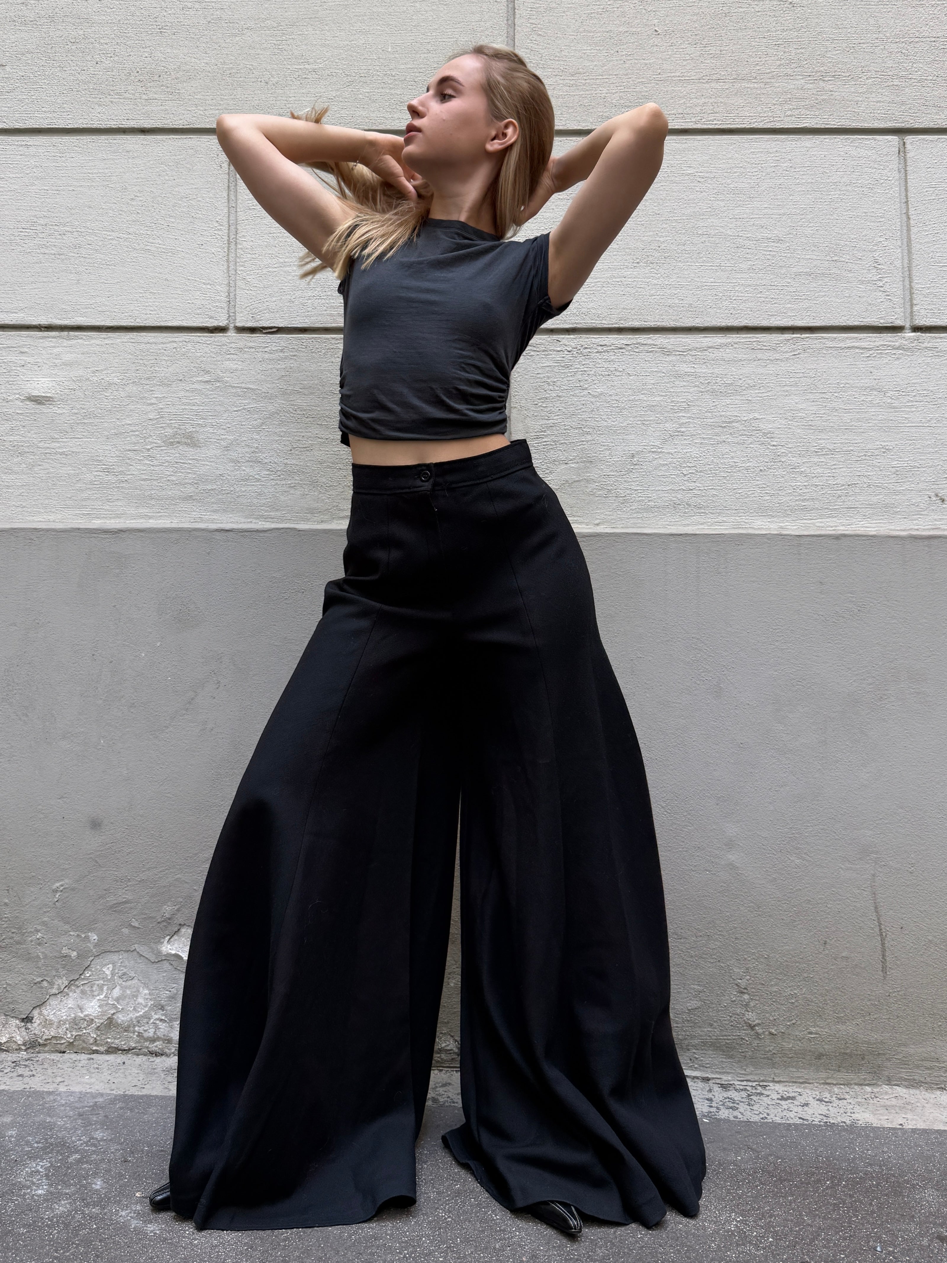 Vintage Wool Black Extra Wide Leg Trousers XS