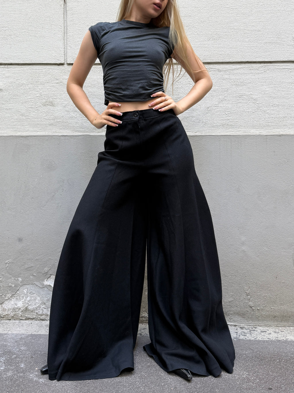 Vintage Wool Black Extra Wide Leg Trousers XS