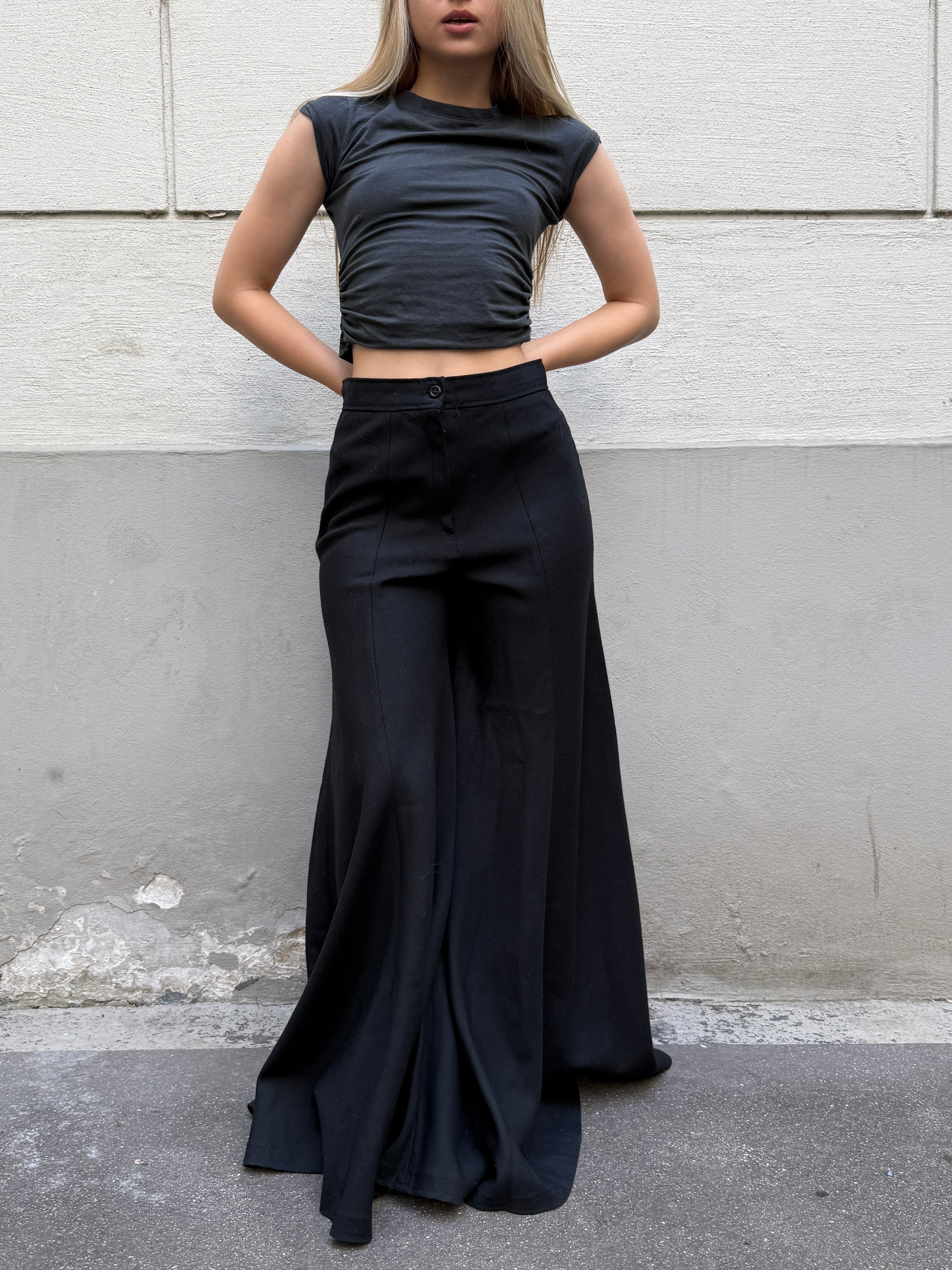 Vintage Wool Black Extra Wide Leg Trousers XS