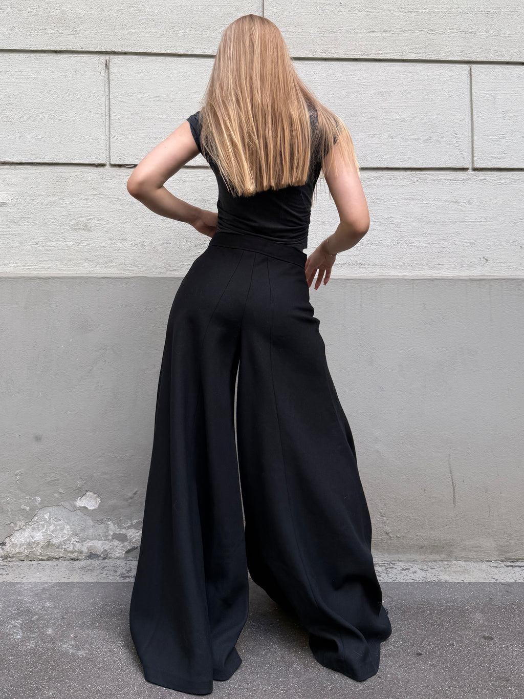 Vintage Wool Black Extra Wide Leg Trousers XS