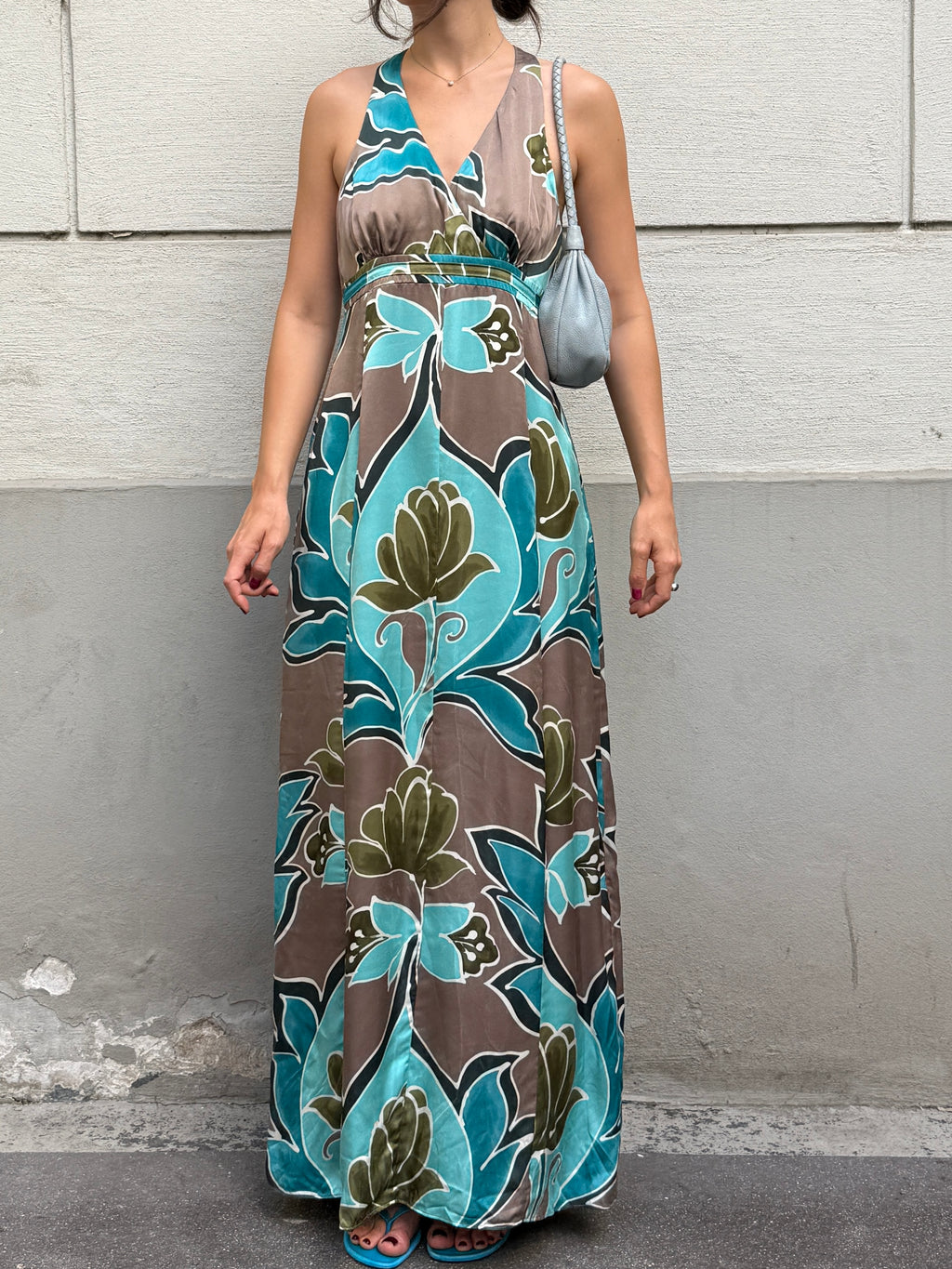 Vintage Y2K 100% Silk Printed Maxi Dress M