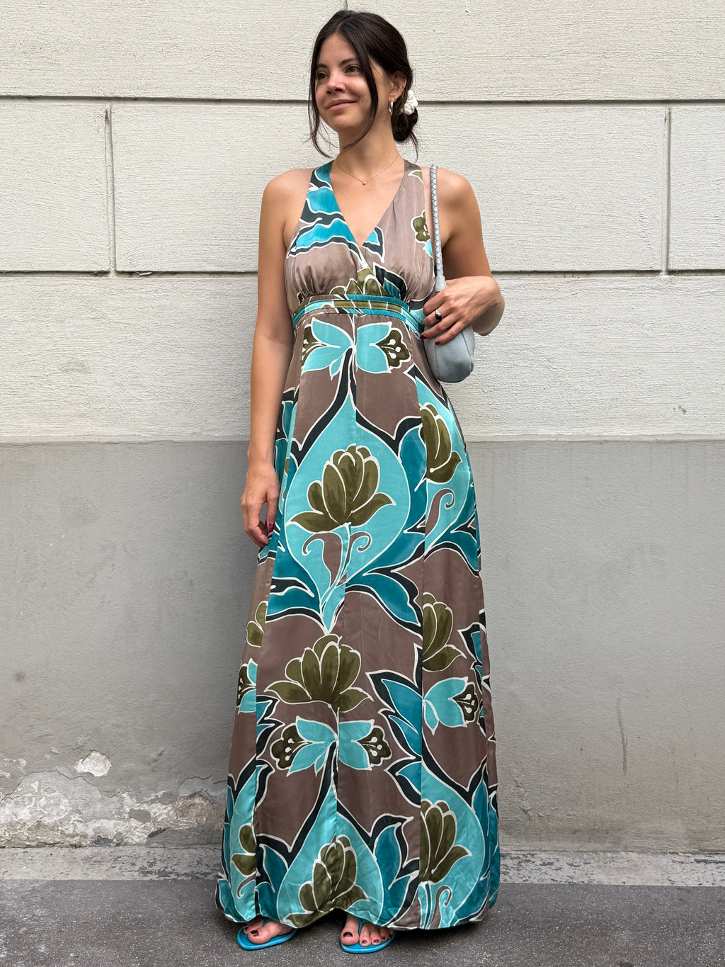 Vintage Y2K 100% Silk Printed Maxi Dress M