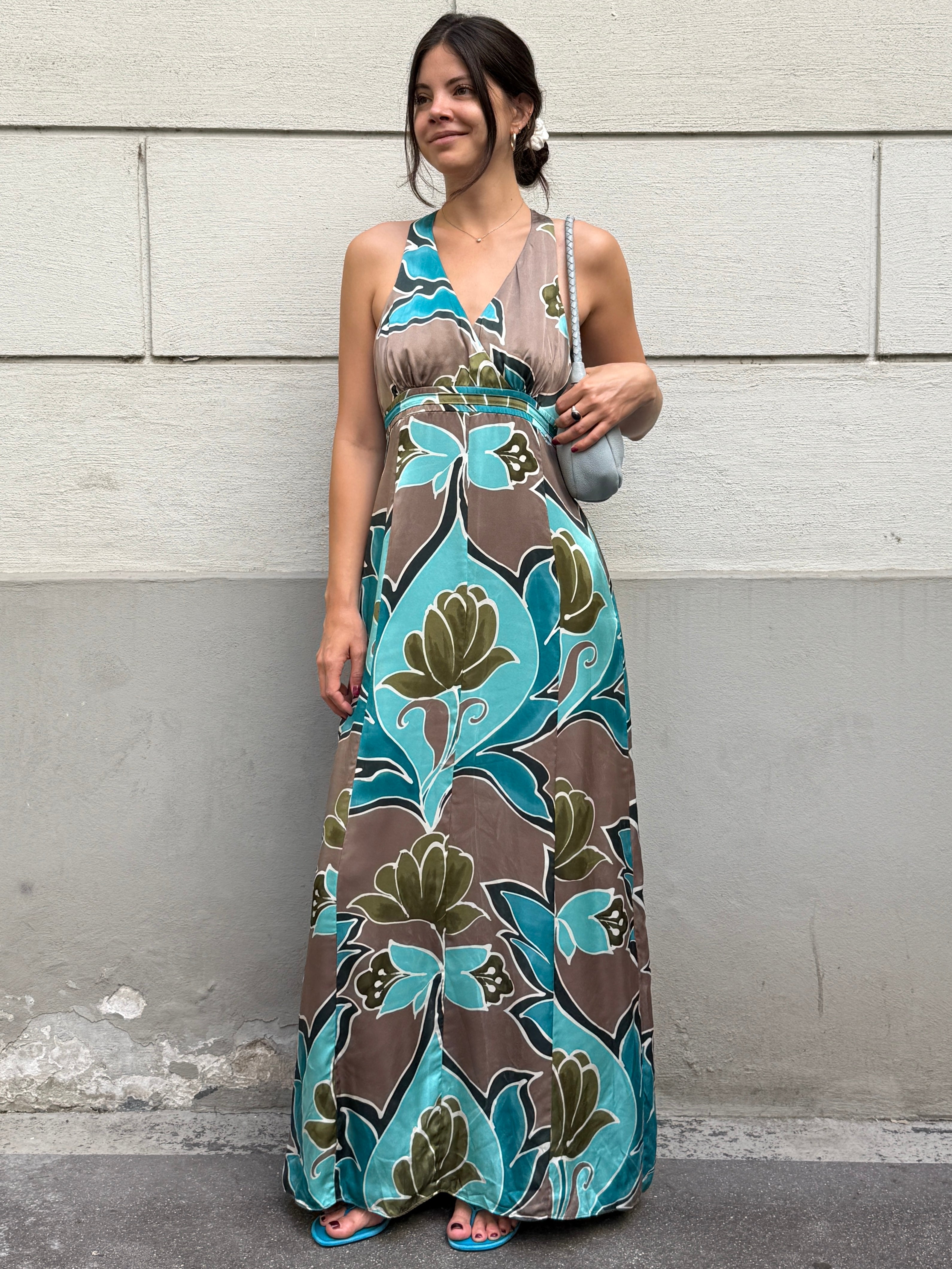 Vintage Y2K 100% Silk Printed Maxi Dress M