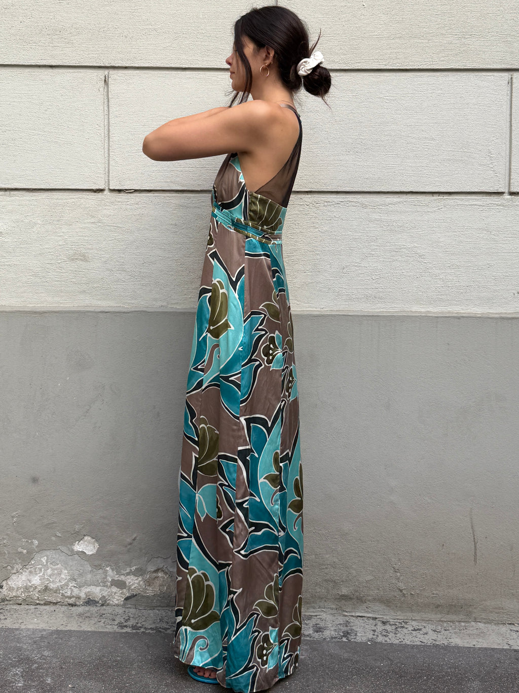 Vintage Y2K 100% Silk Printed Maxi Dress M