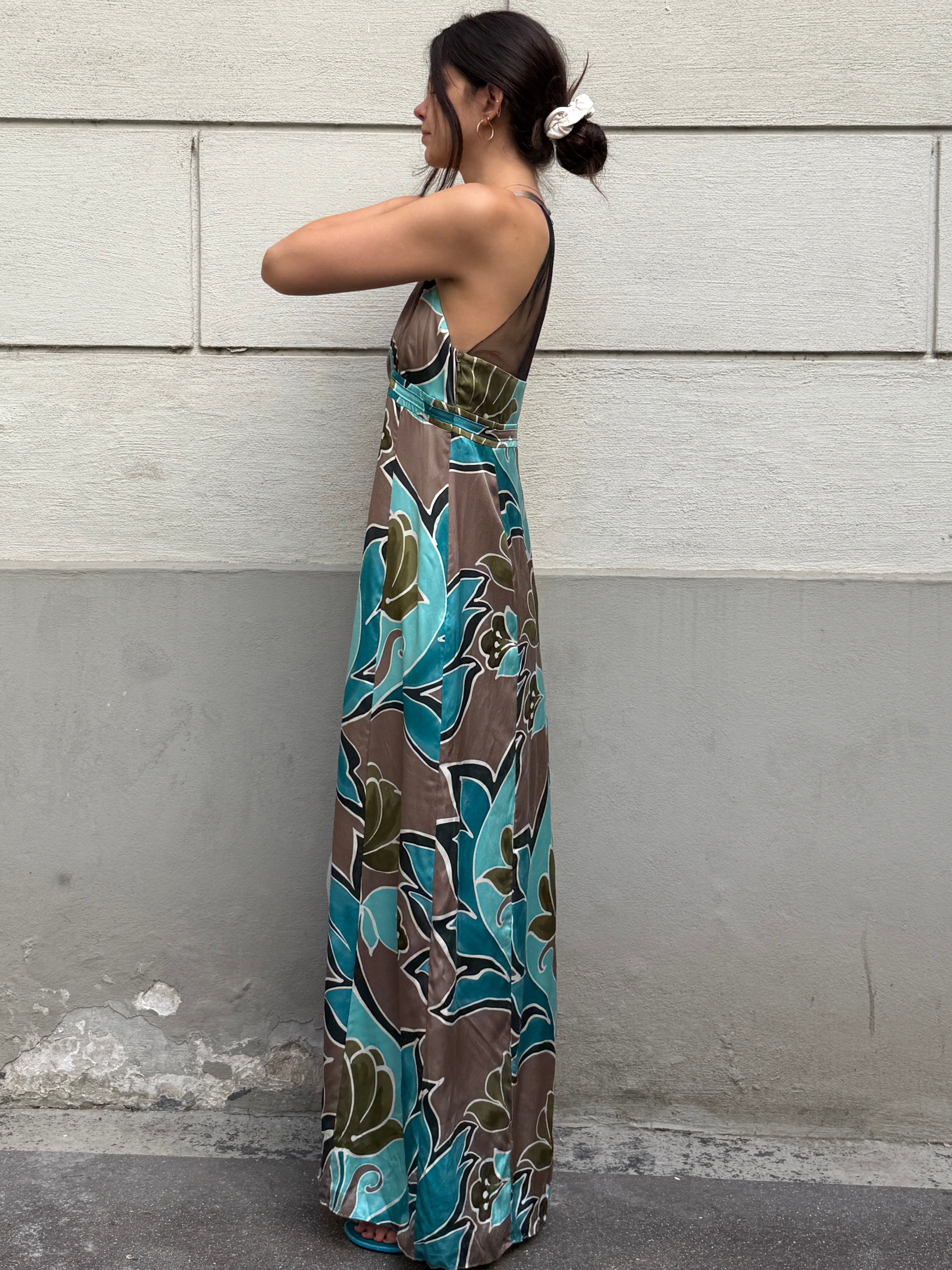 Vintage Y2K 100% Silk Printed Maxi Dress M