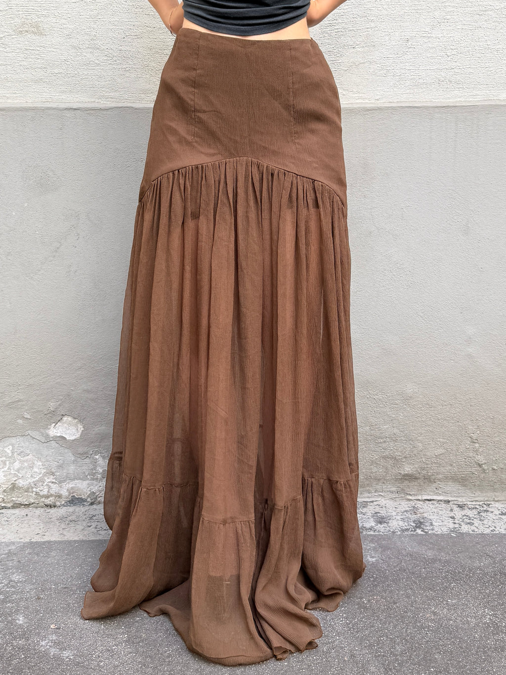 Vintage 100% Silk Georgette Brown Maxi Skirt XS