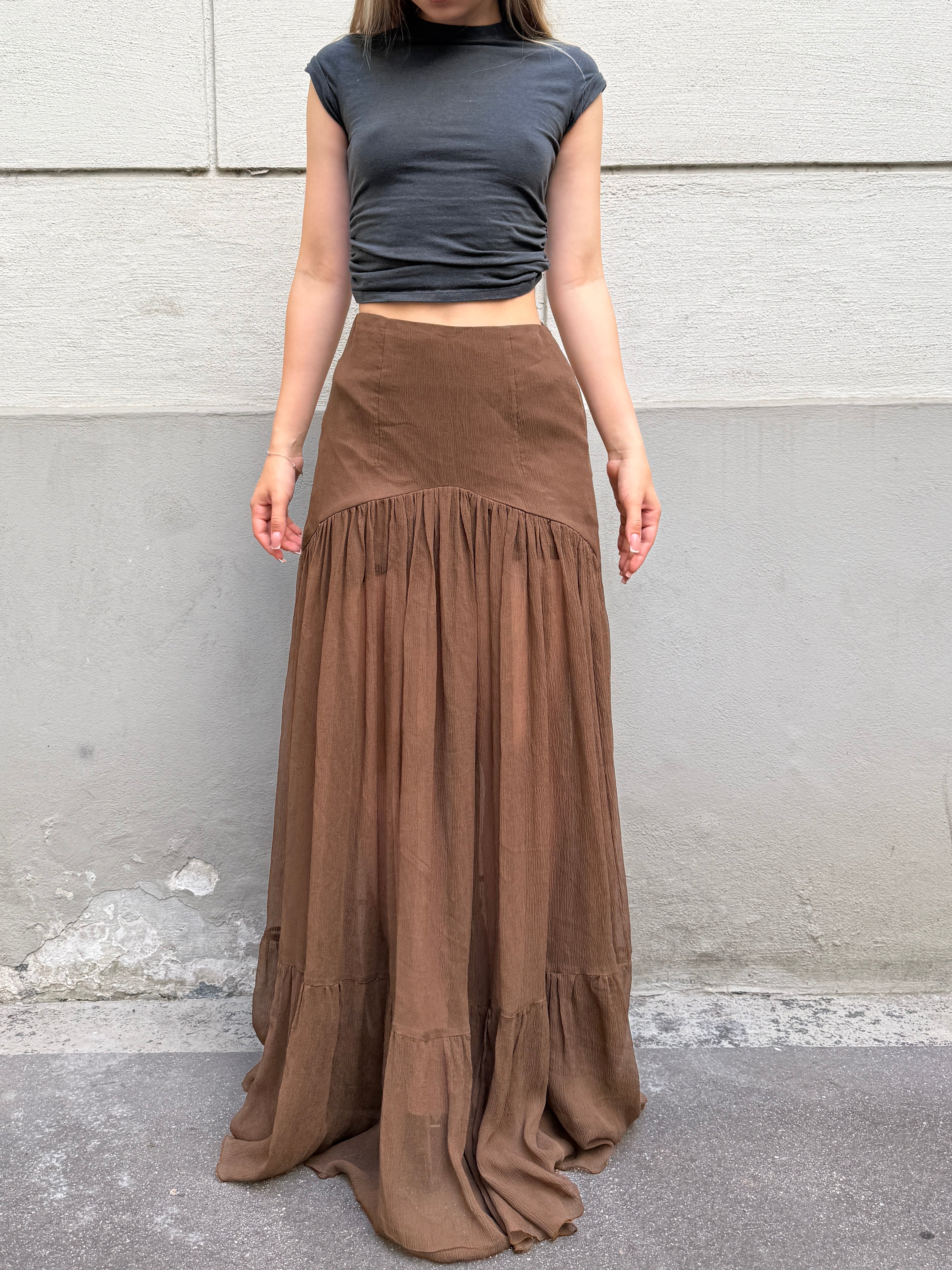 Vintage 100% Silk Georgette Brown Maxi Skirt XS