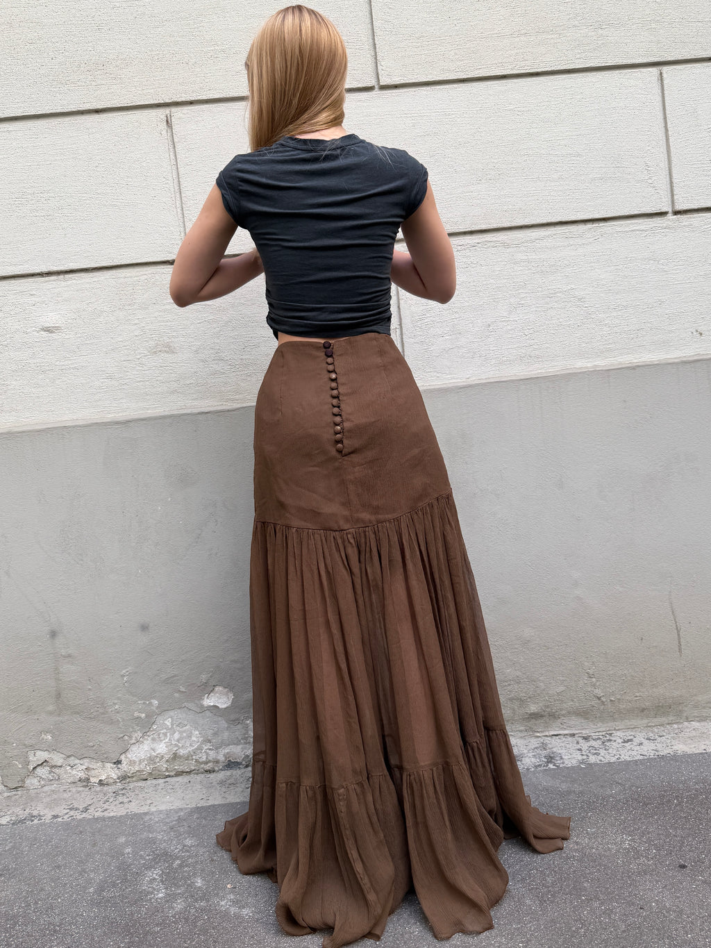 Vintage 100% Silk Georgette Brown Maxi Skirt XS