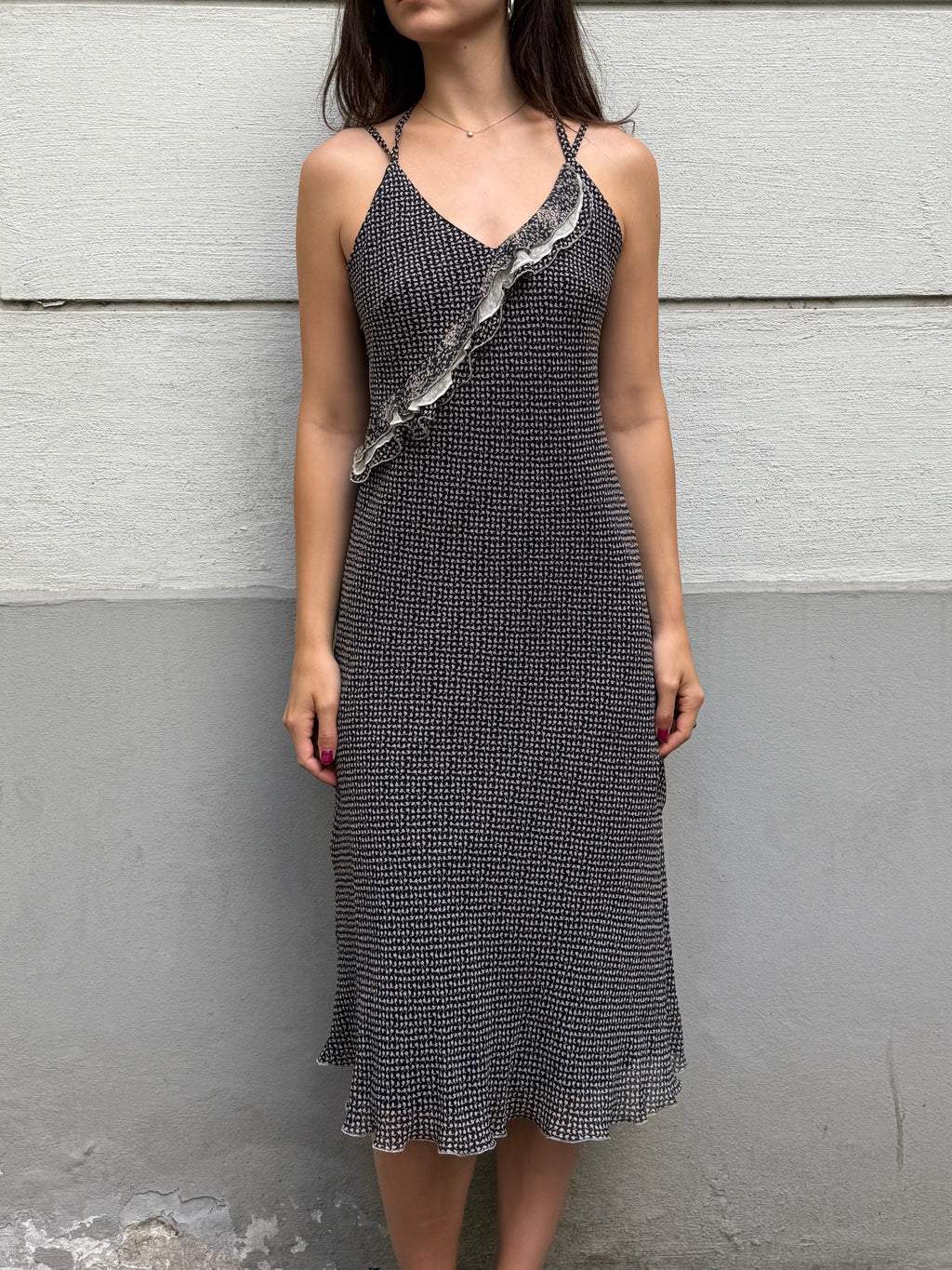 Vintage Printed Halter Double Strap Midi Dress S/M