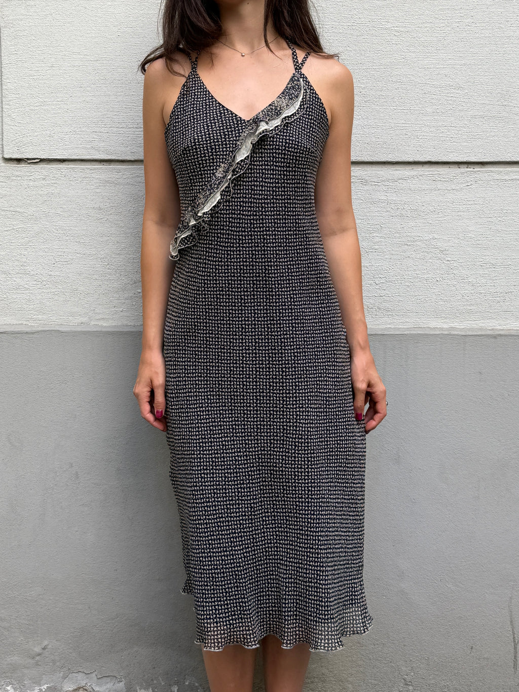 Vintage Printed Halter Double Strap Midi Dress S/M