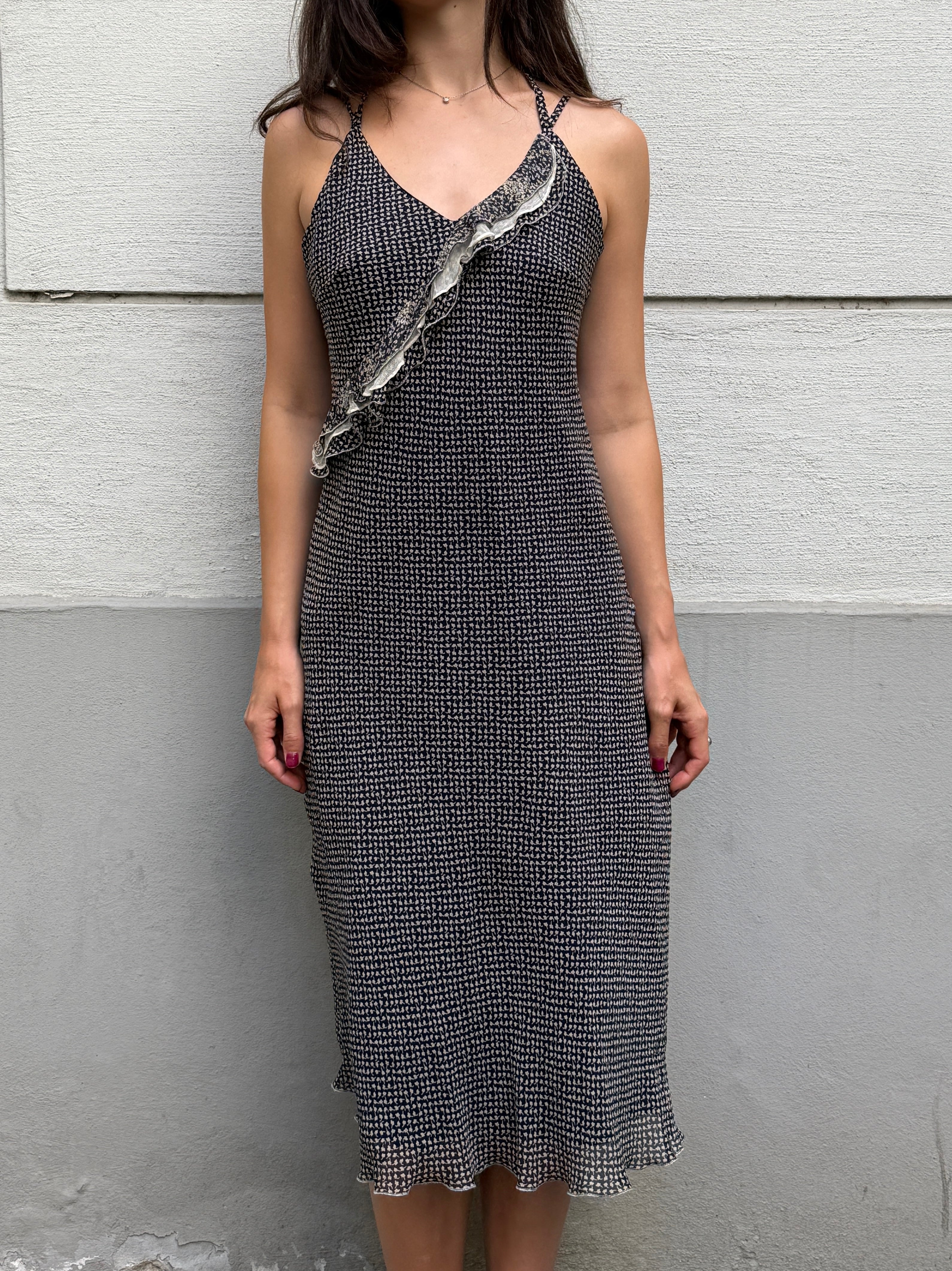 Vintage Printed Halter Double Strap Midi Dress S/M