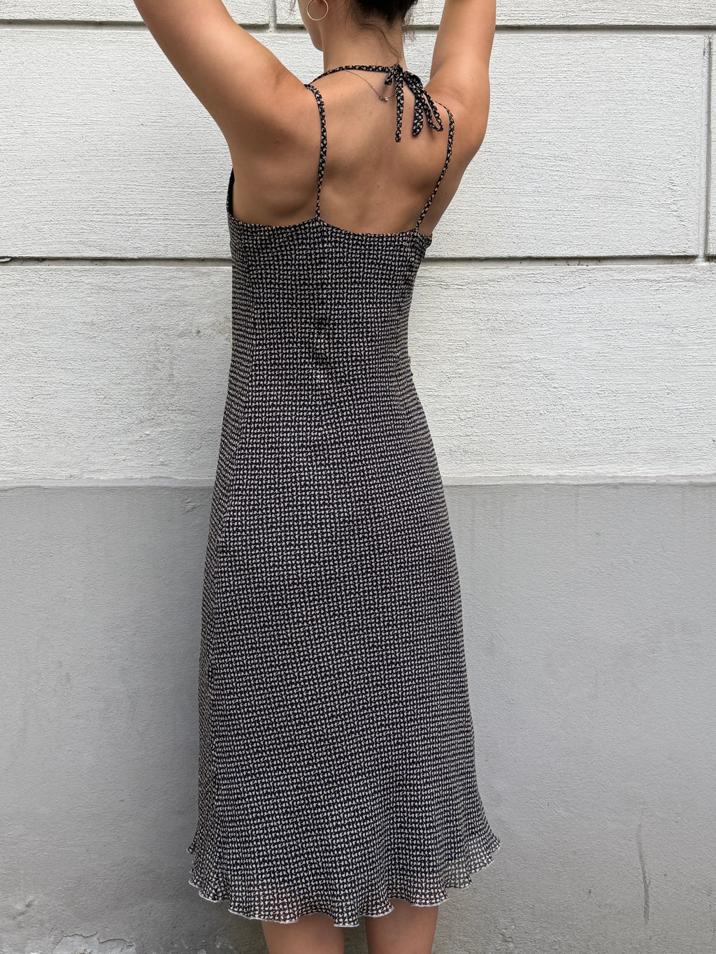 Vintage Printed Halter Double Strap Midi Dress S/M