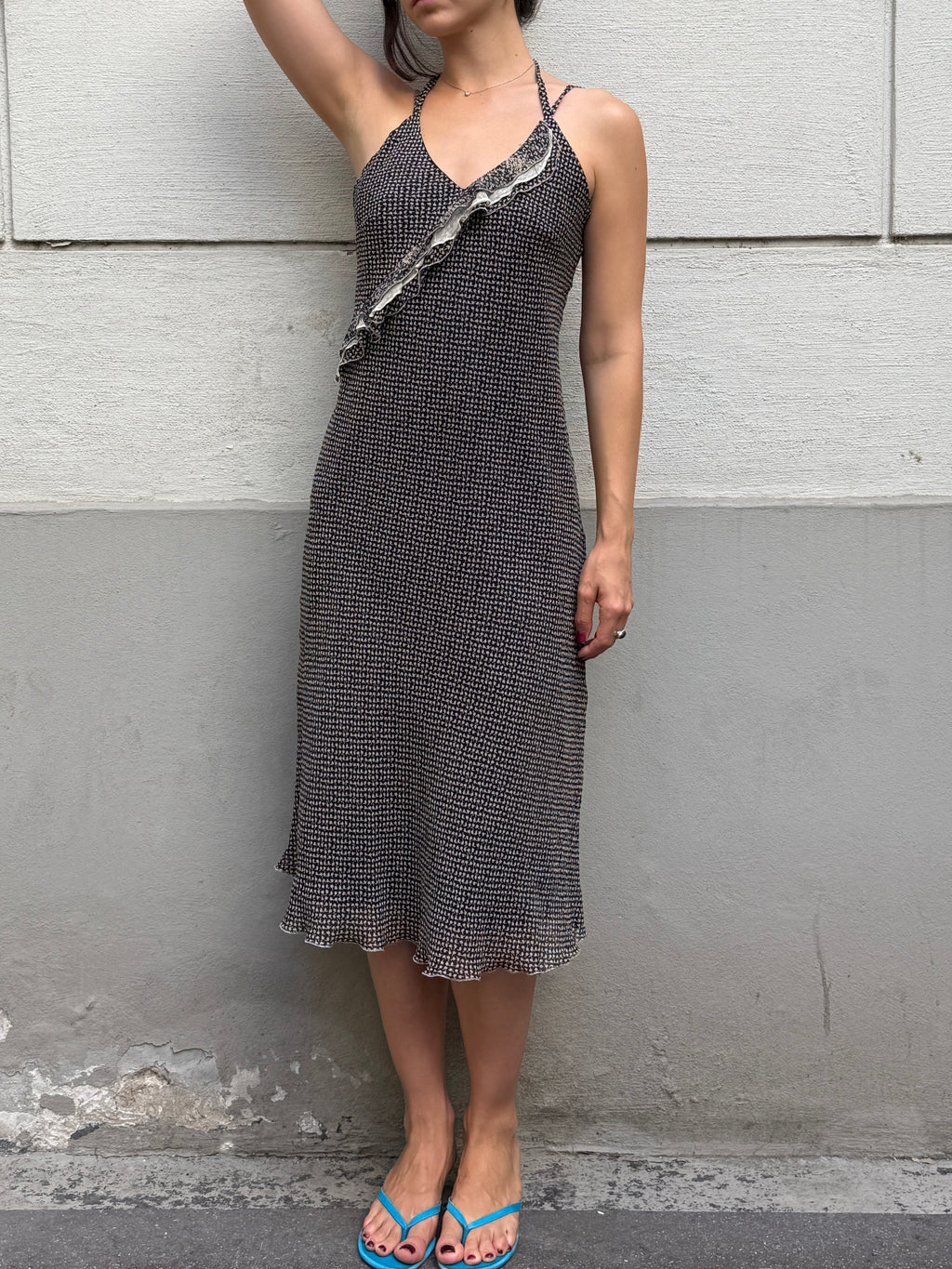 Vintage Printed Halter Double Strap Midi Dress S/M