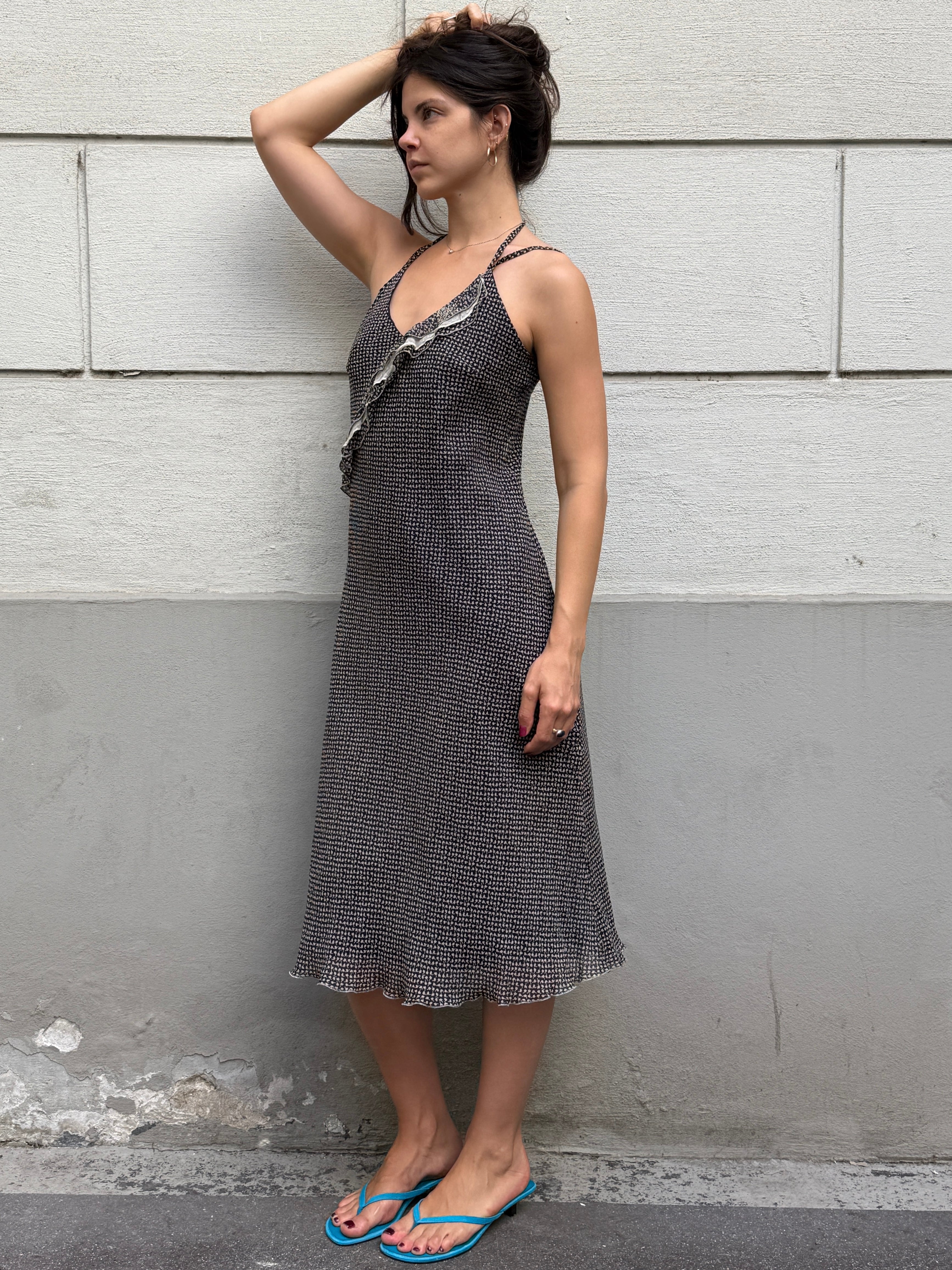 Vintage Printed Halter Double Strap Midi Dress S/M