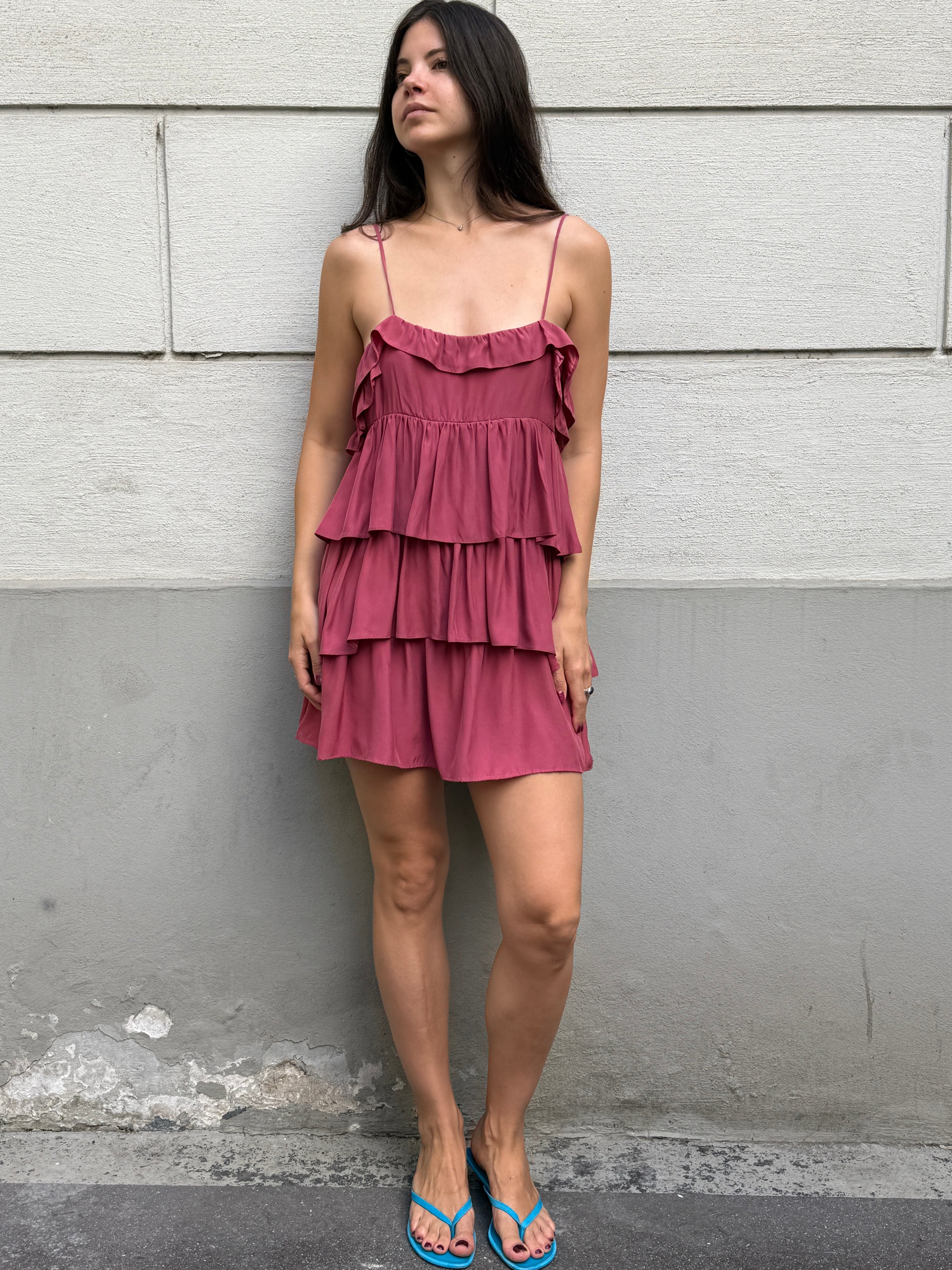 Sandro 100% Silk Pink Ruffle Mini Dress S/Petite