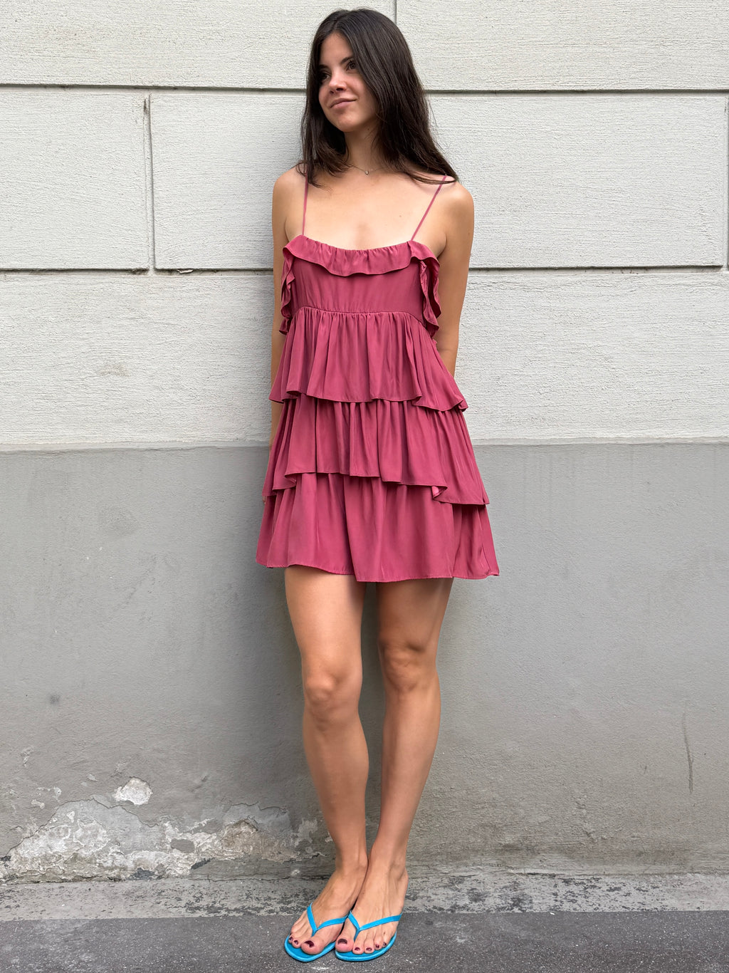 Sandro 100% Silk Pink Ruffle Mini Dress S/Petite