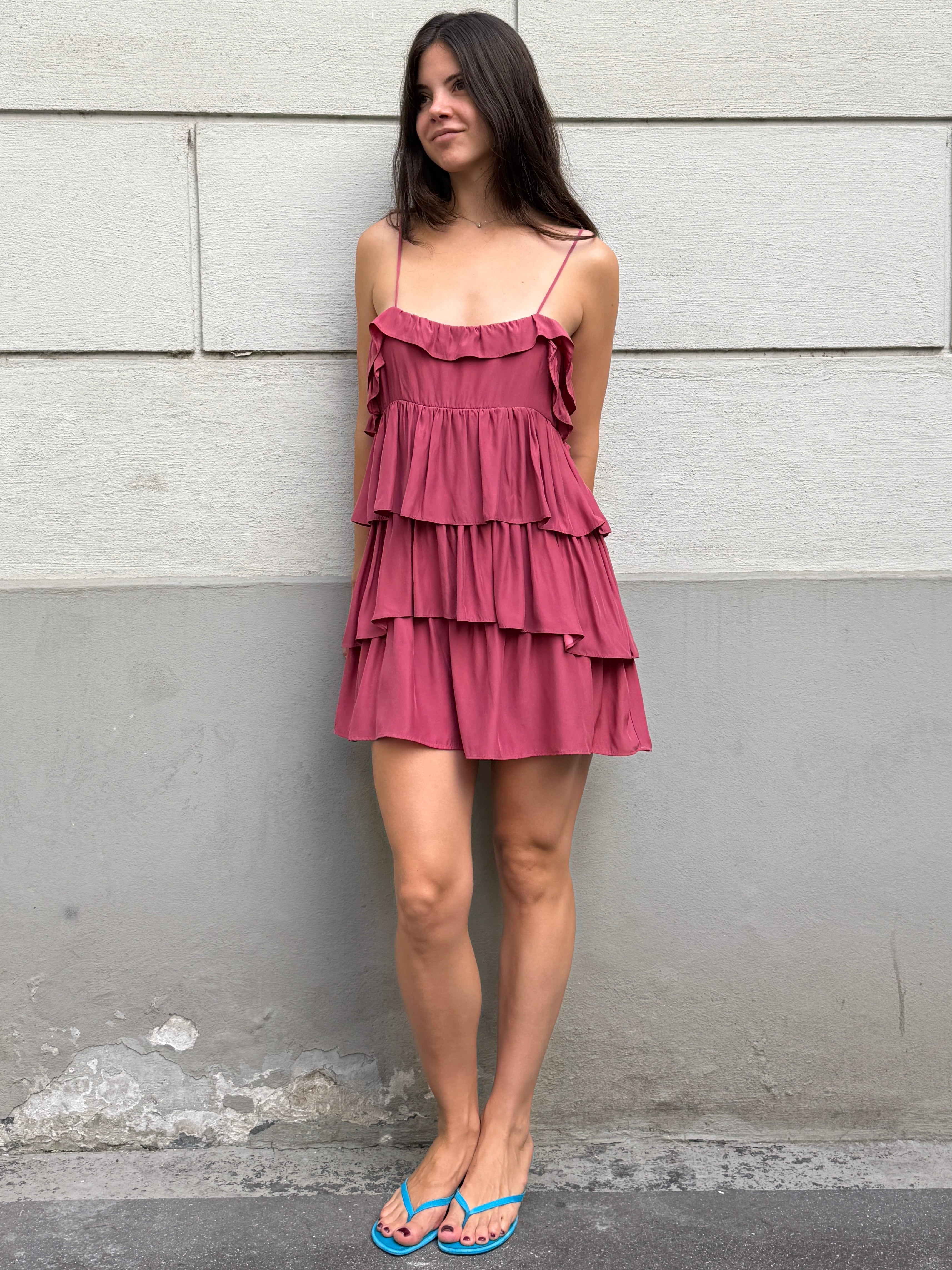 Sandro 100% Silk Pink Ruffle Mini Dress S/Petite