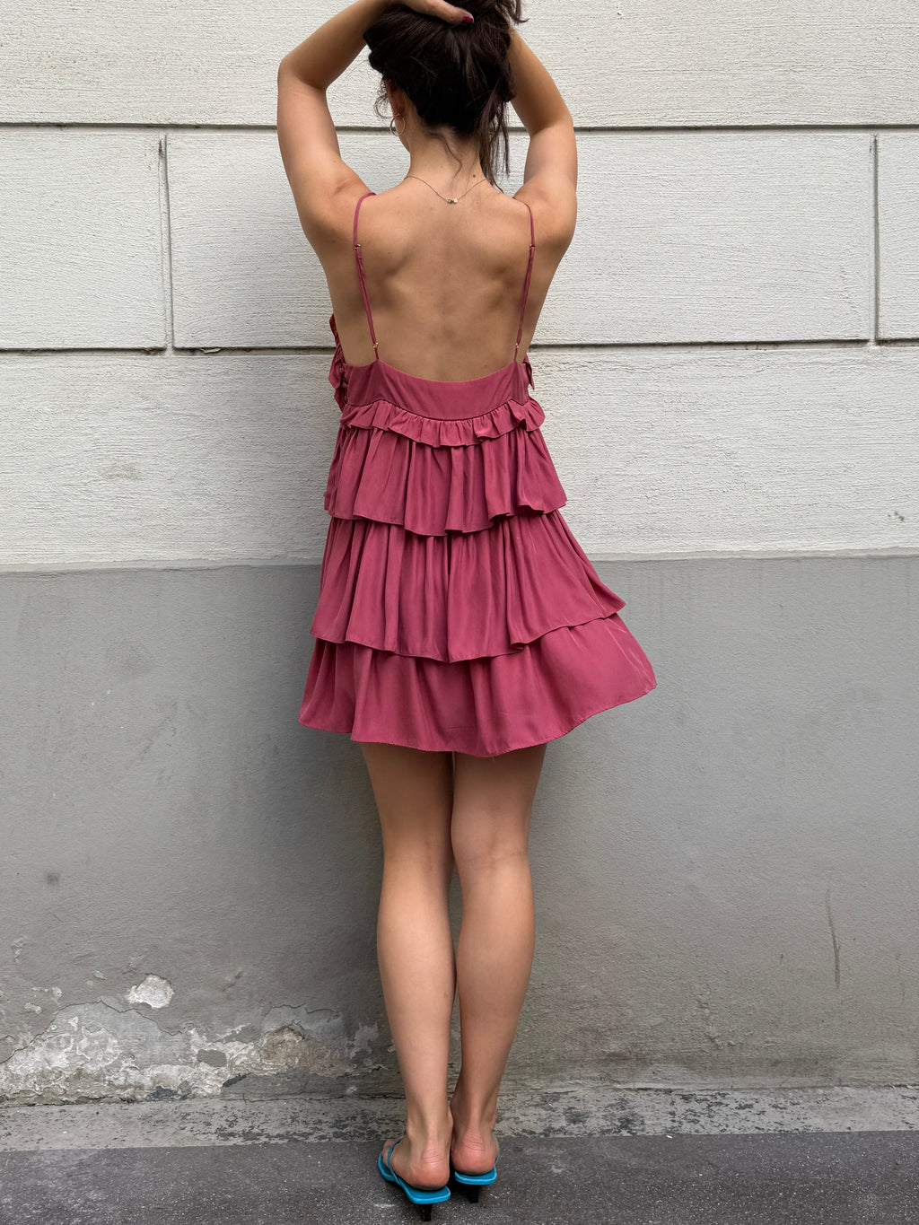 Sandro 100% Silk Pink Ruffle Mini Dress S/Petite