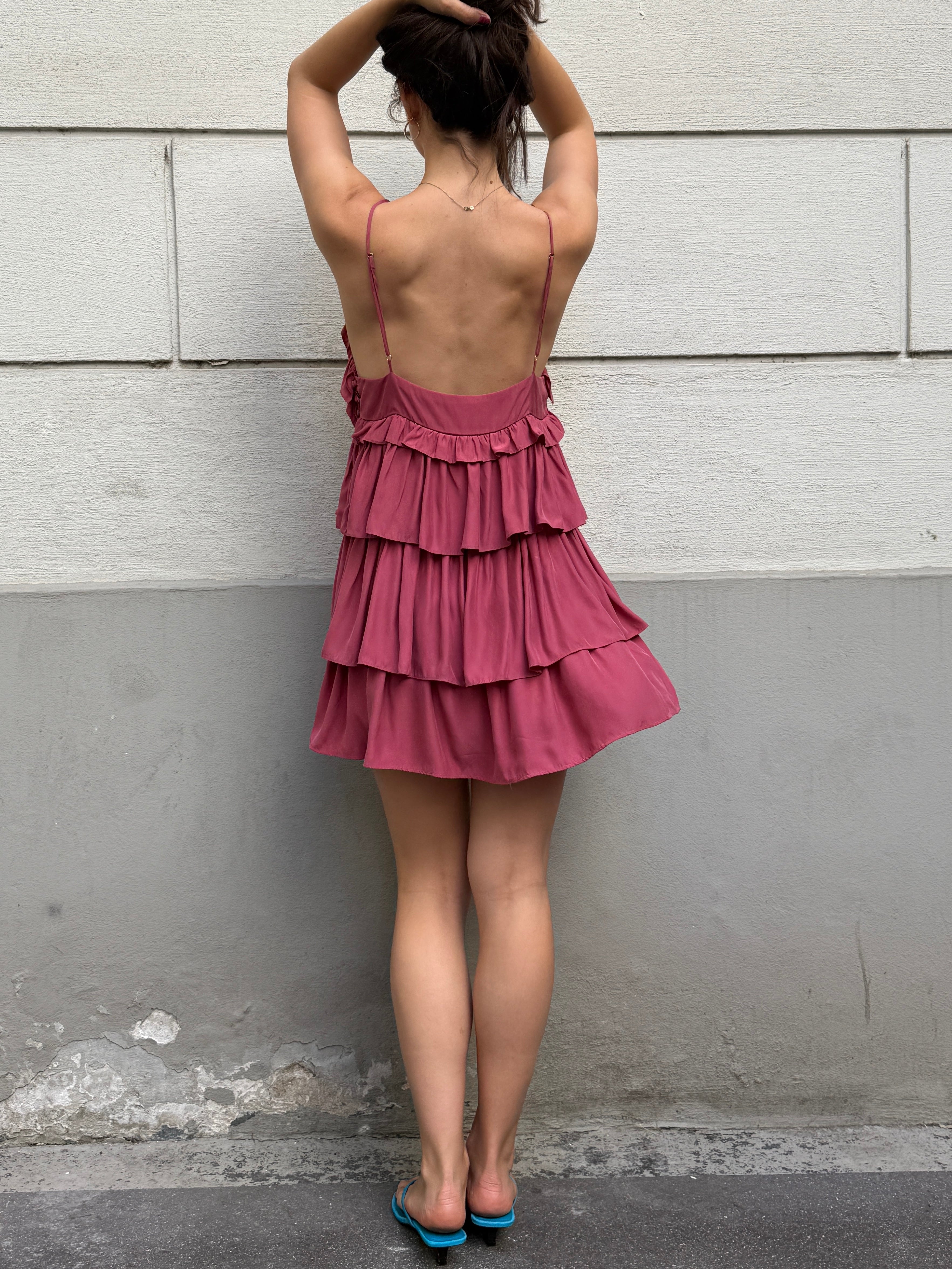 Sandro 100% Silk Pink Ruffle Mini Dress S/Petite