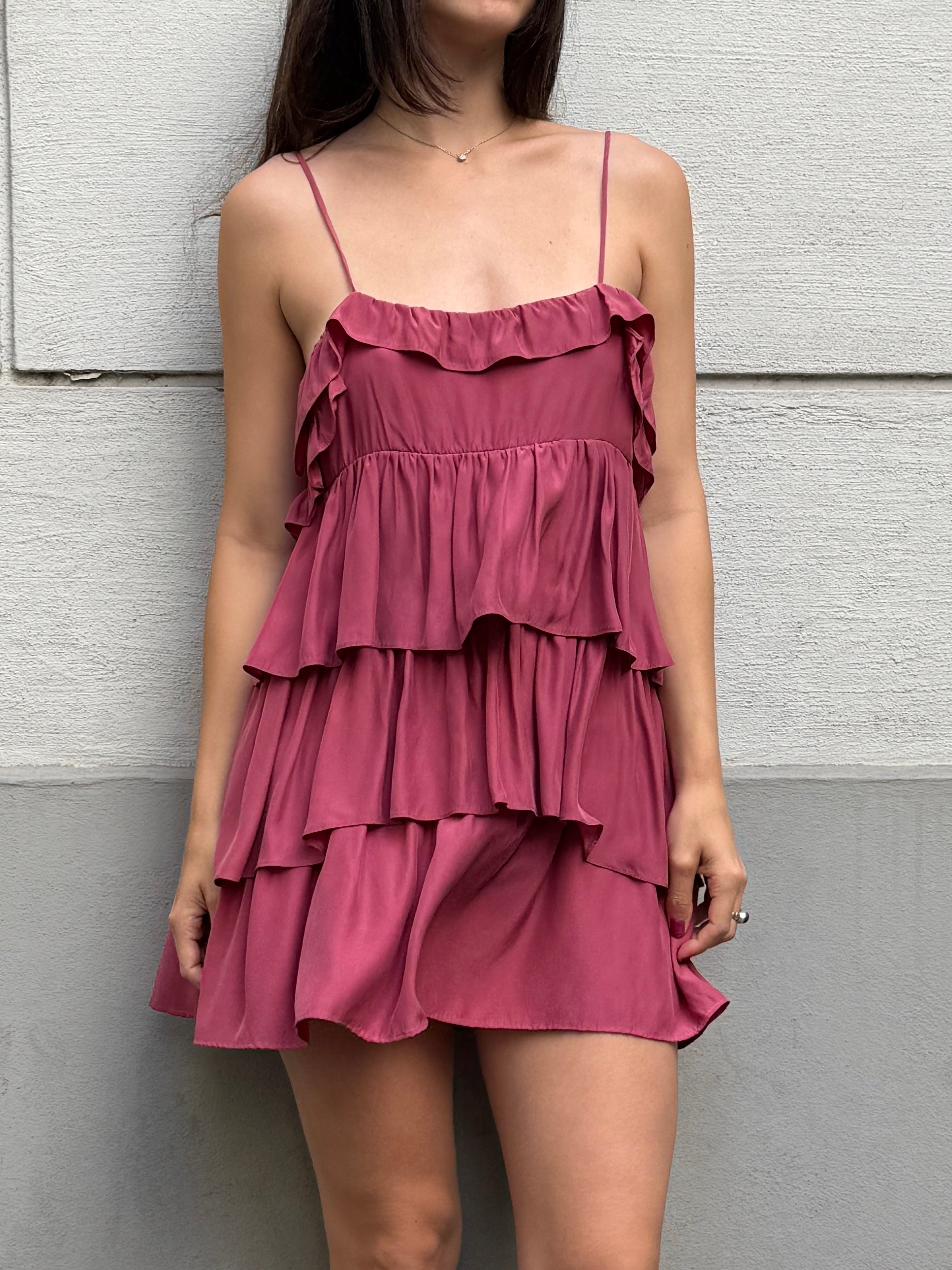 Sandro 100% Silk Pink Ruffle Mini Dress S/Petite