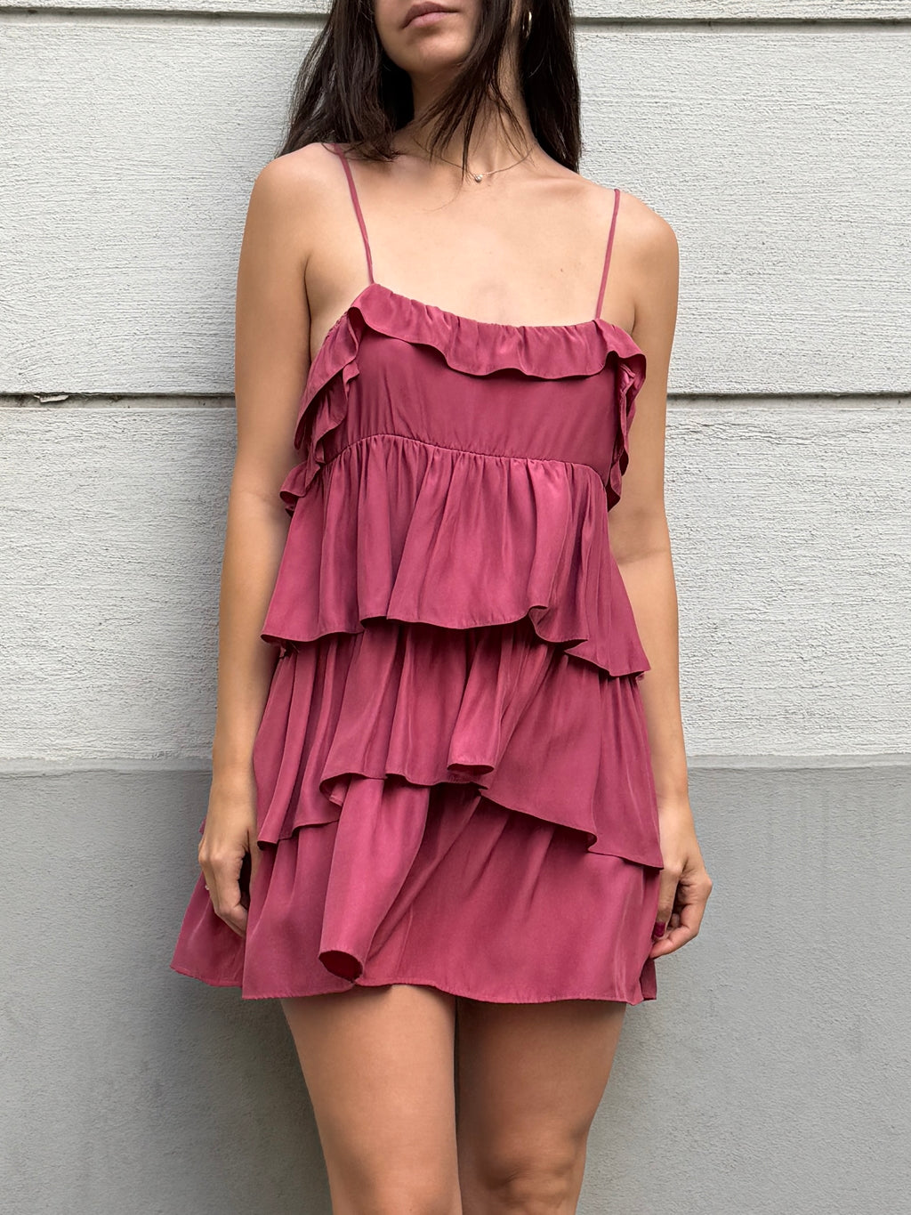 Sandro 100% Silk Pink Ruffle Mini Dress S/Petite