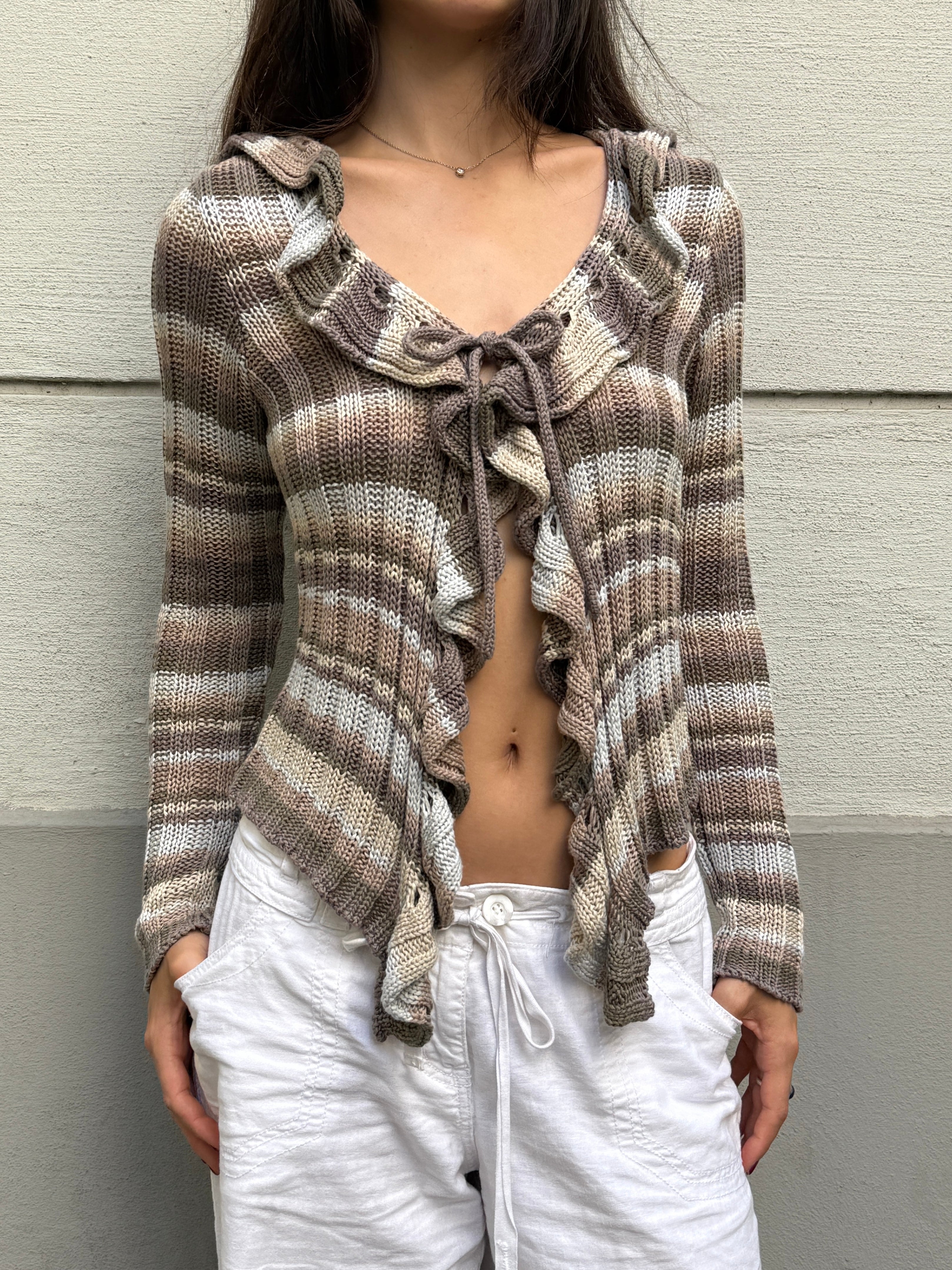 Vintage Y2K Stripe Ruffle Cotton Knit Sweater Top M