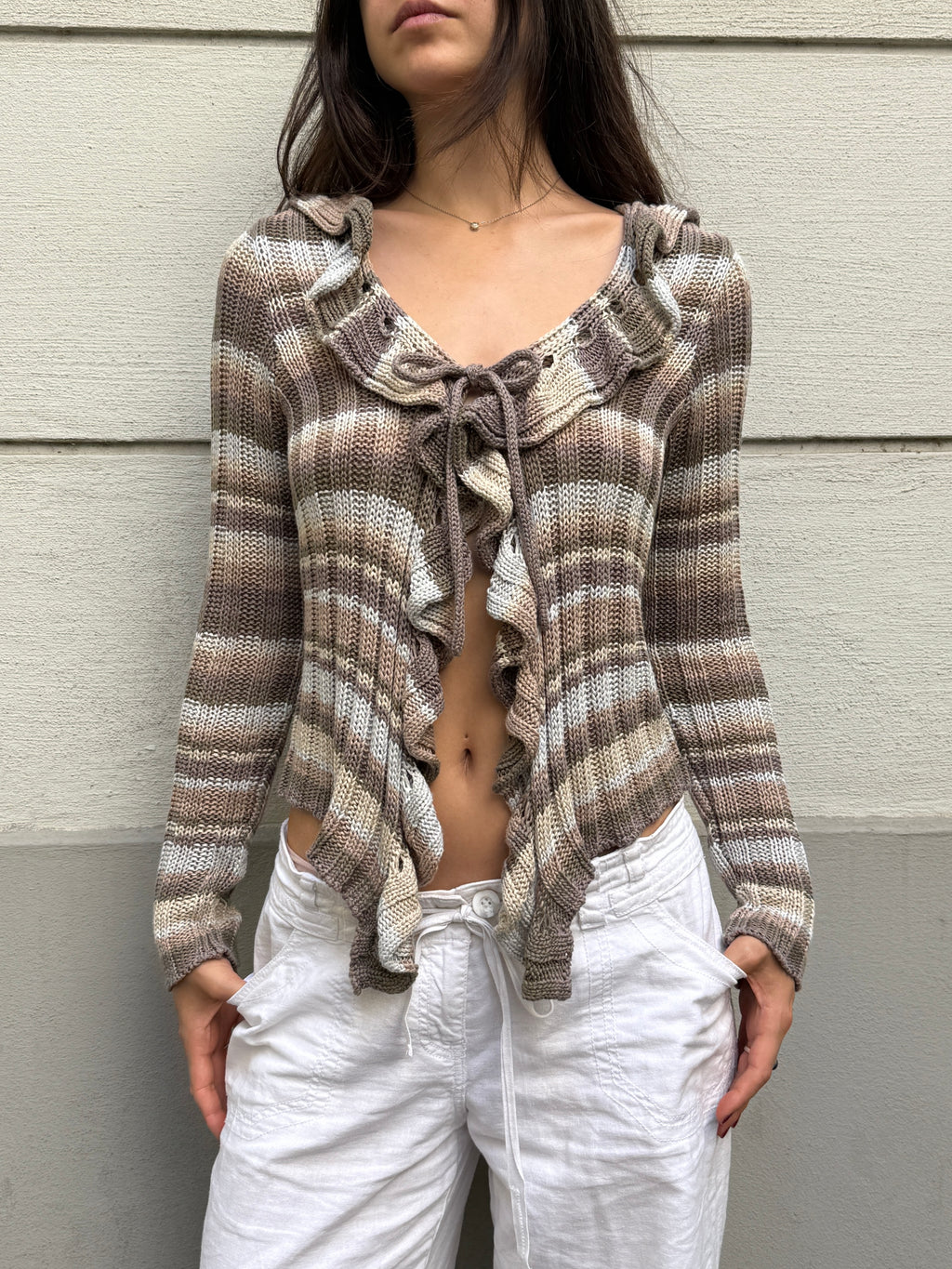 Vintage Y2K Stripe Ruffle Cotton Knit Sweater Top M