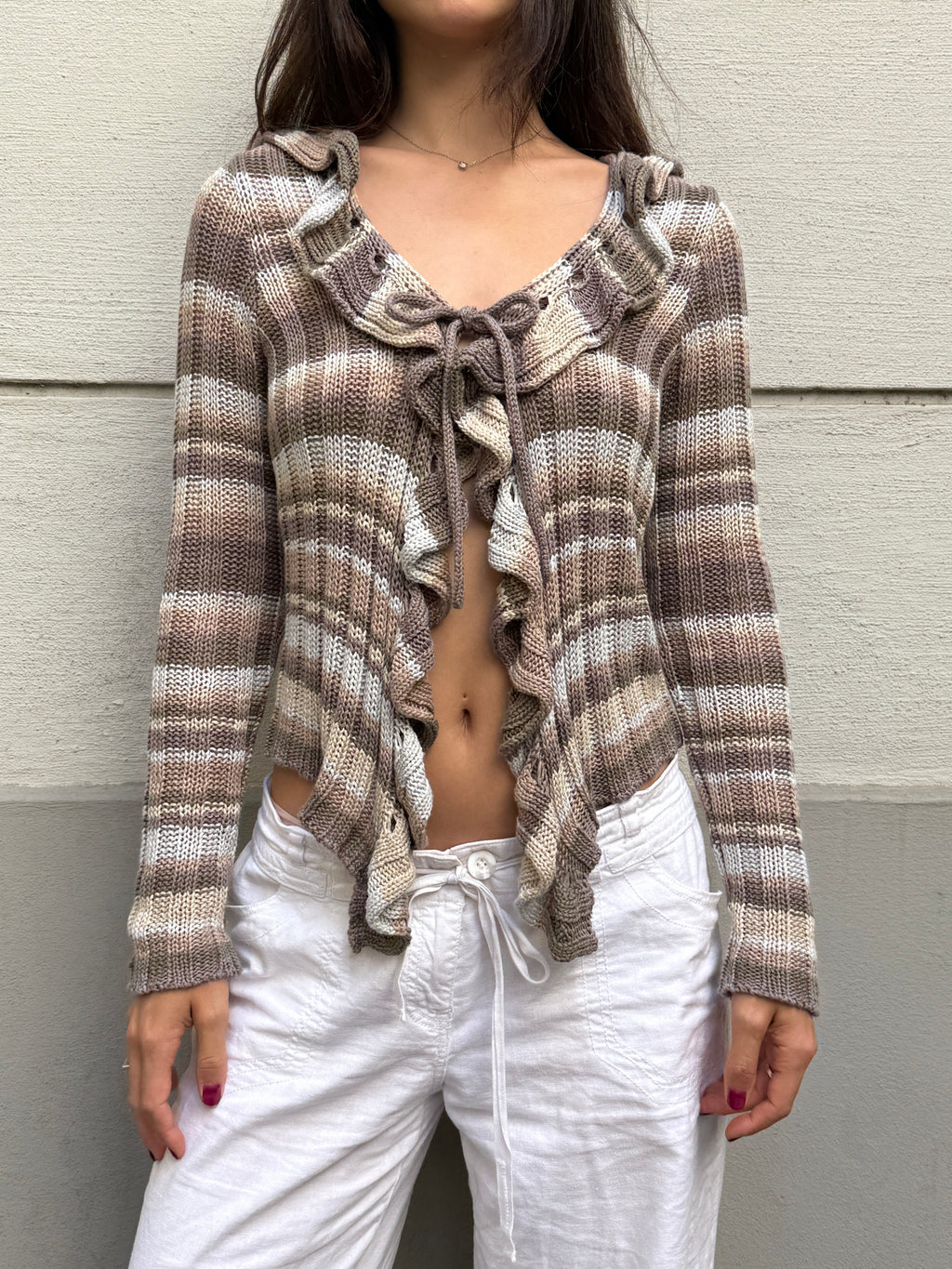 Vintage Y2K Stripe Ruffle Cotton Knit Sweater Top M