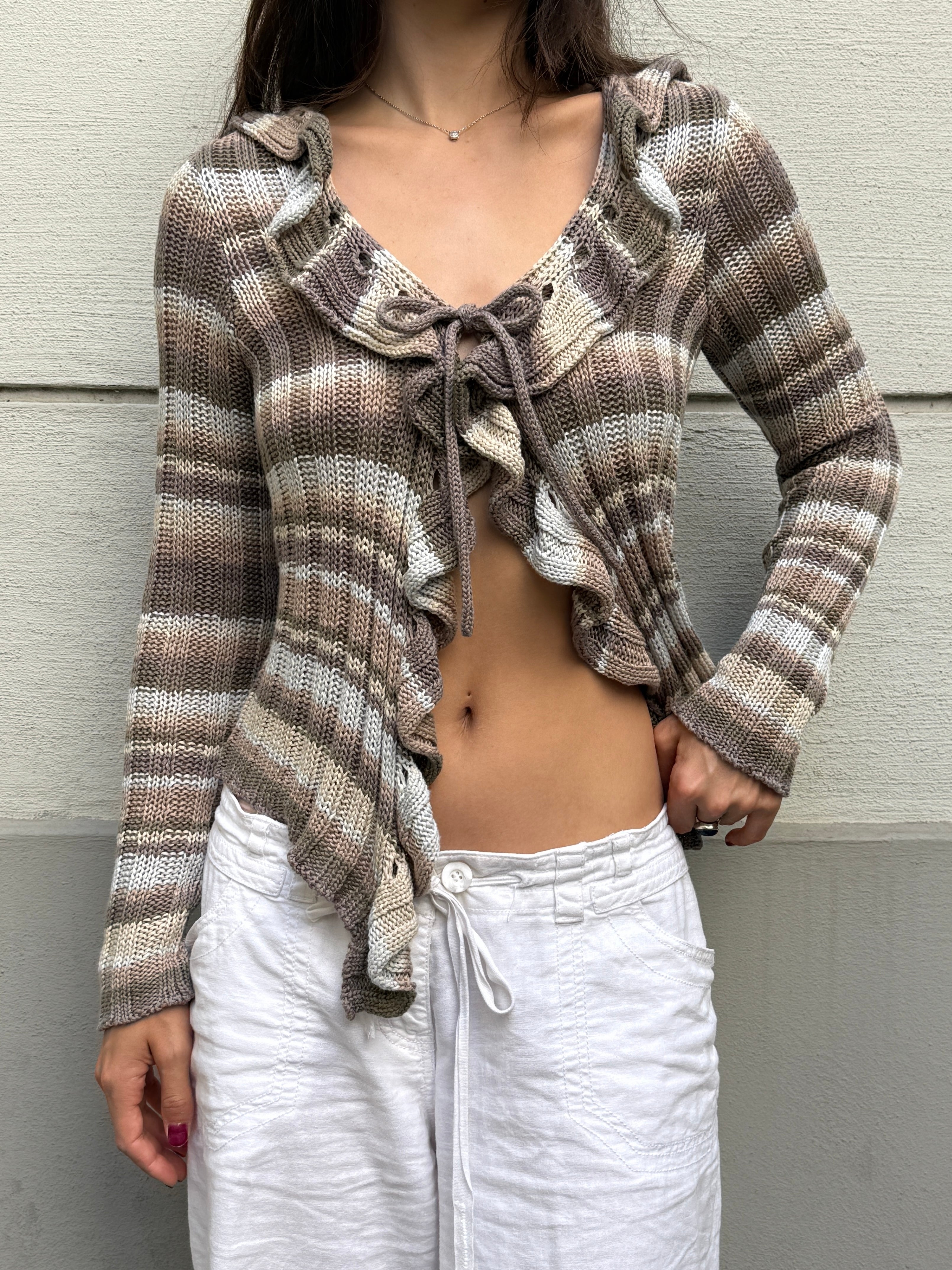 Vintage Y2K Stripe Ruffle Cotton Knit Sweater Top M