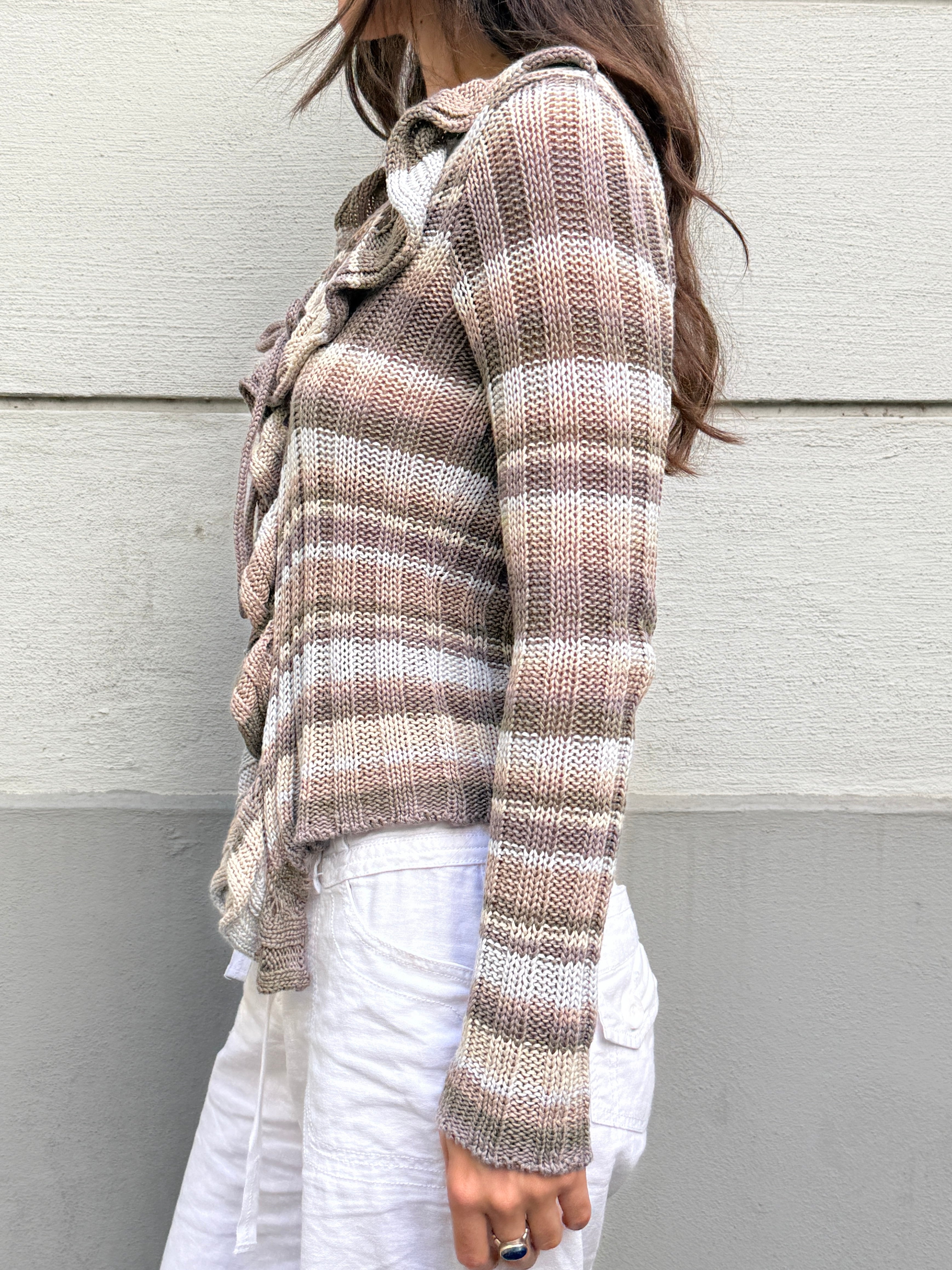 Vintage Y2K Stripe Ruffle Cotton Knit Sweater Top M