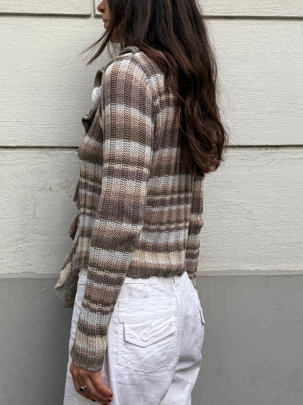 Vintage Y2K Stripe Ruffle Cotton Knit Sweater Top M