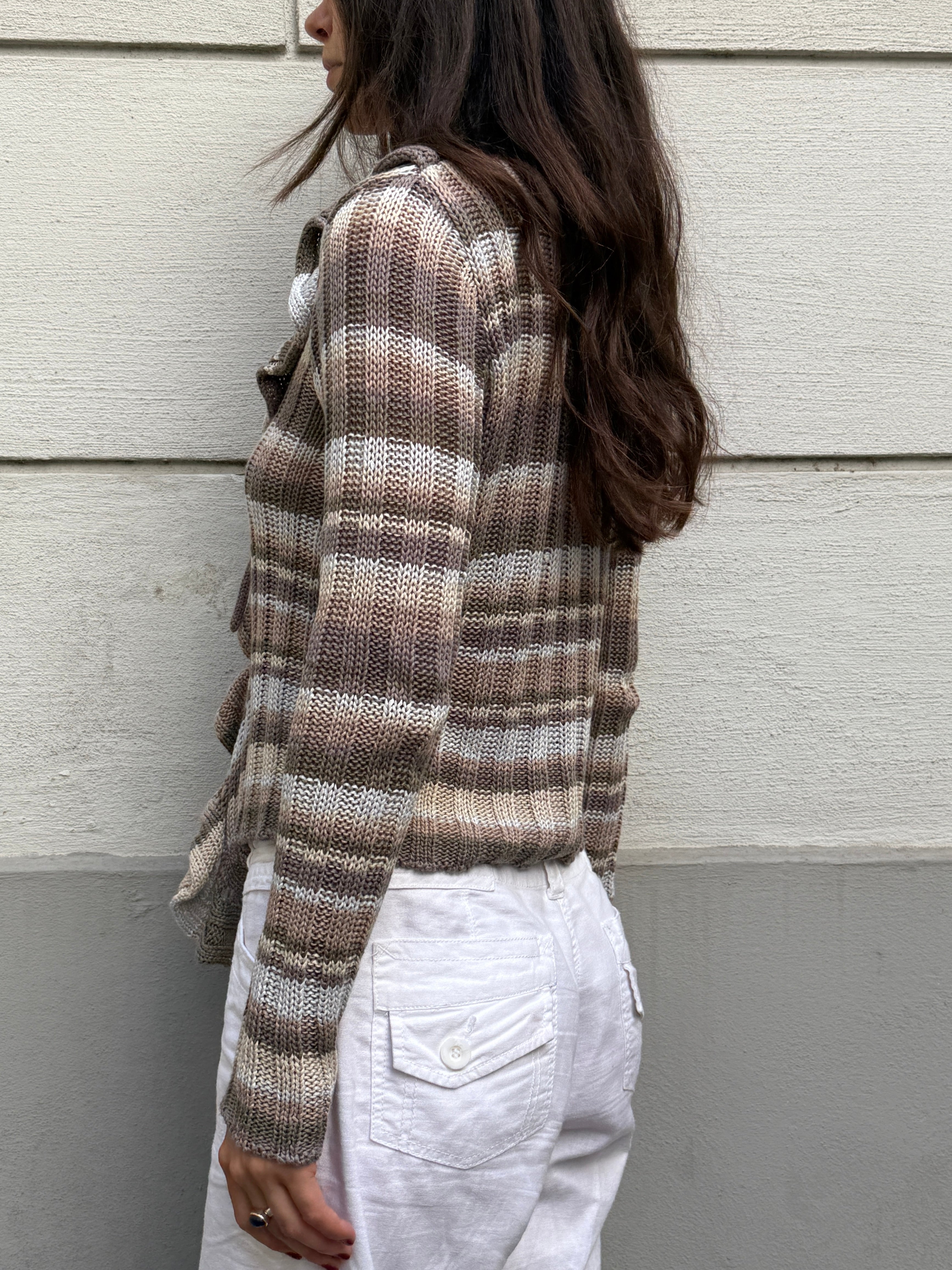 Vintage Y2K Stripe Ruffle Cotton Knit Sweater Top M