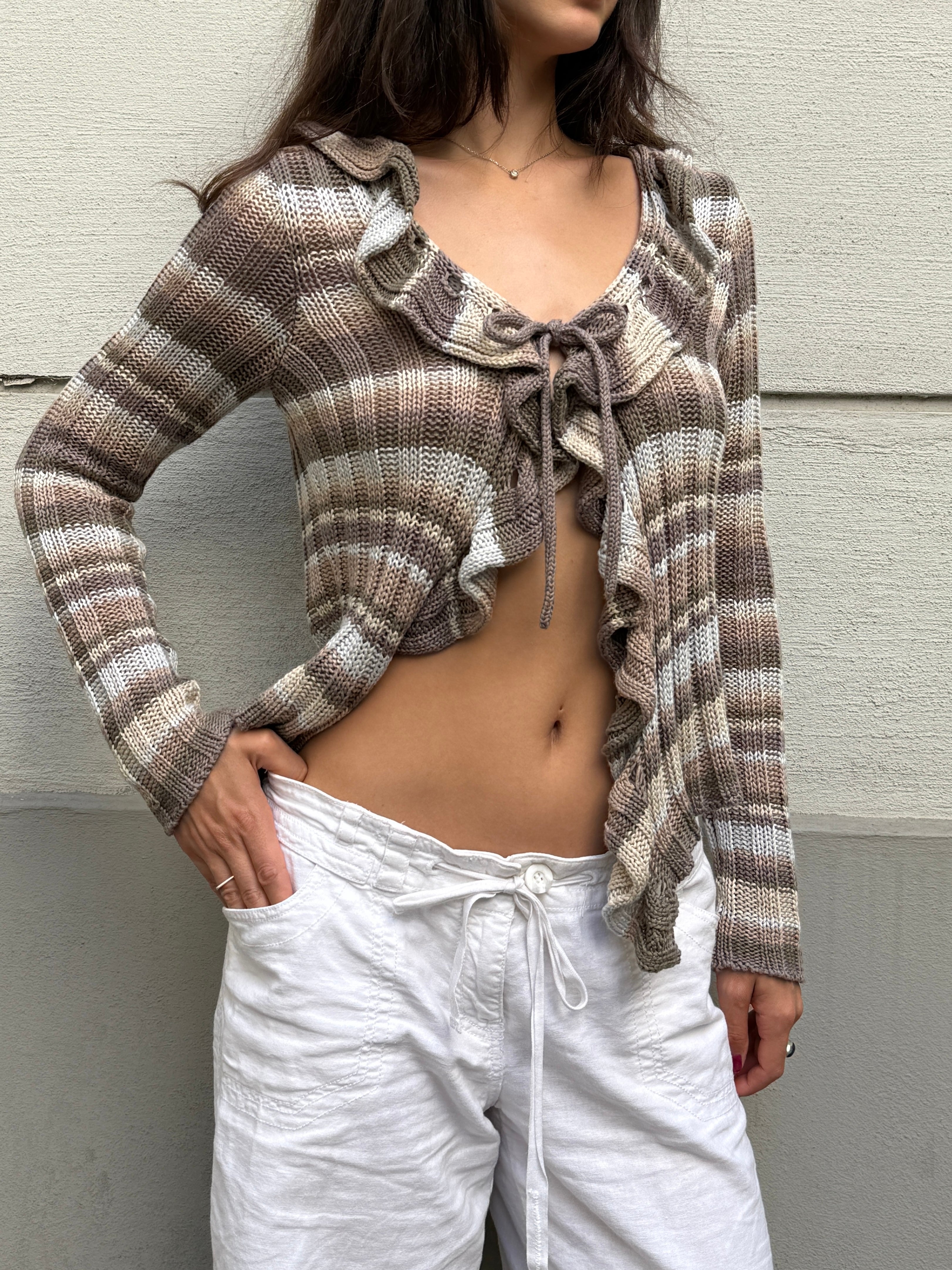Vintage Y2K Stripe Ruffle Cotton Knit Sweater Top M