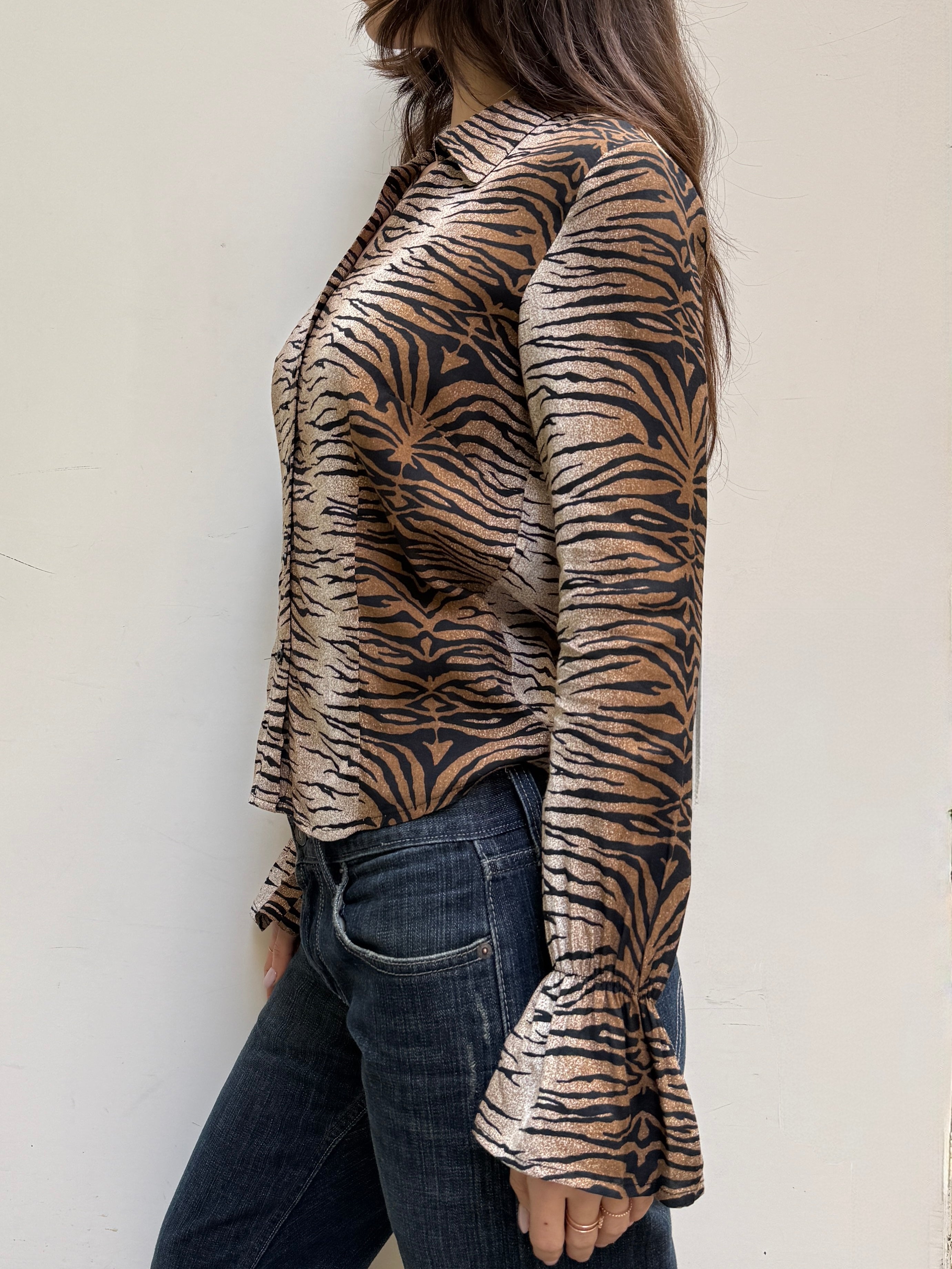 Vintage Tiger Stripe Flared Sleeve Button Down Shirt Top S/