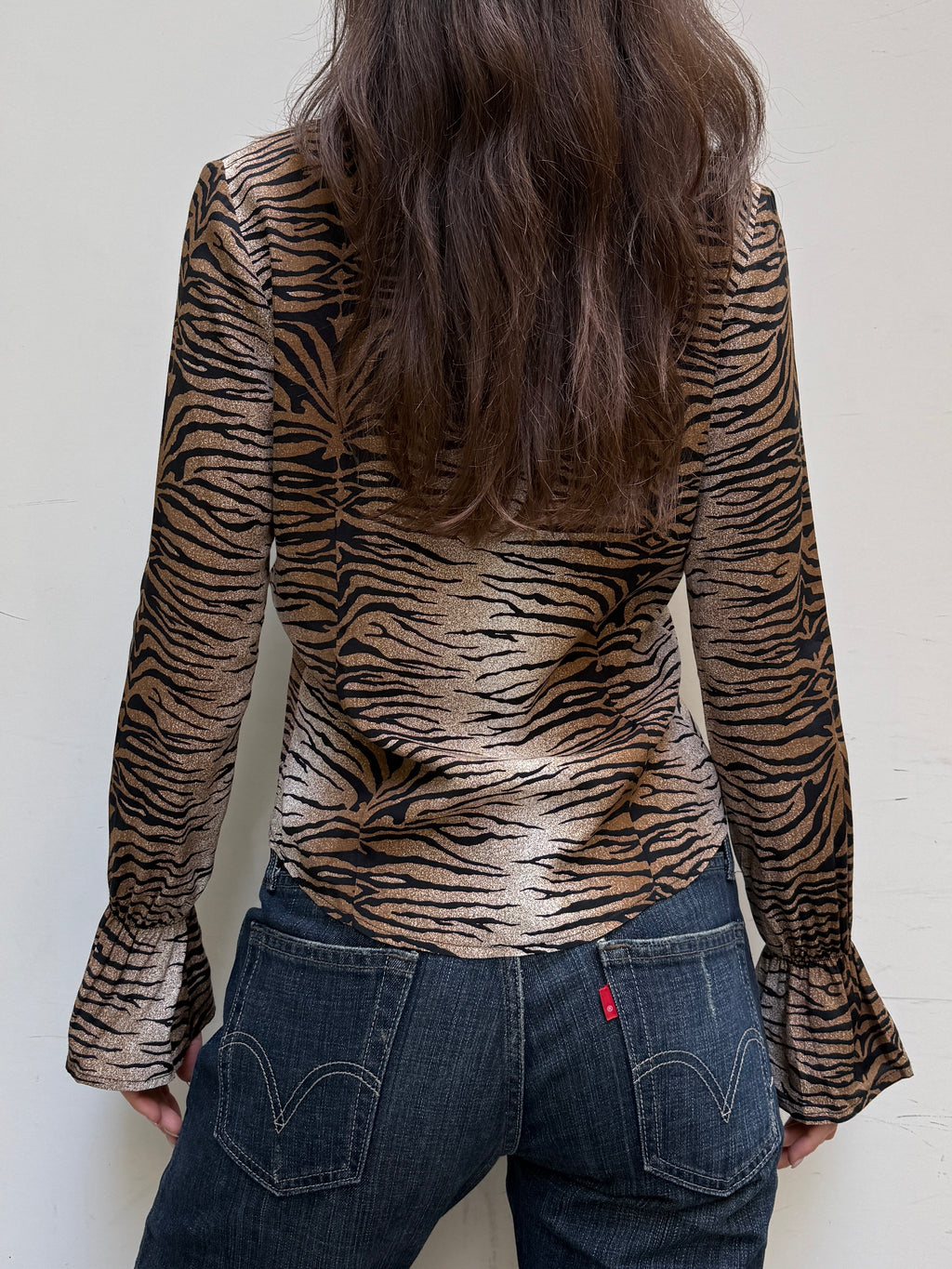 Vintage Tiger Stripe Flared Sleeve Button Down Shirt Top S/