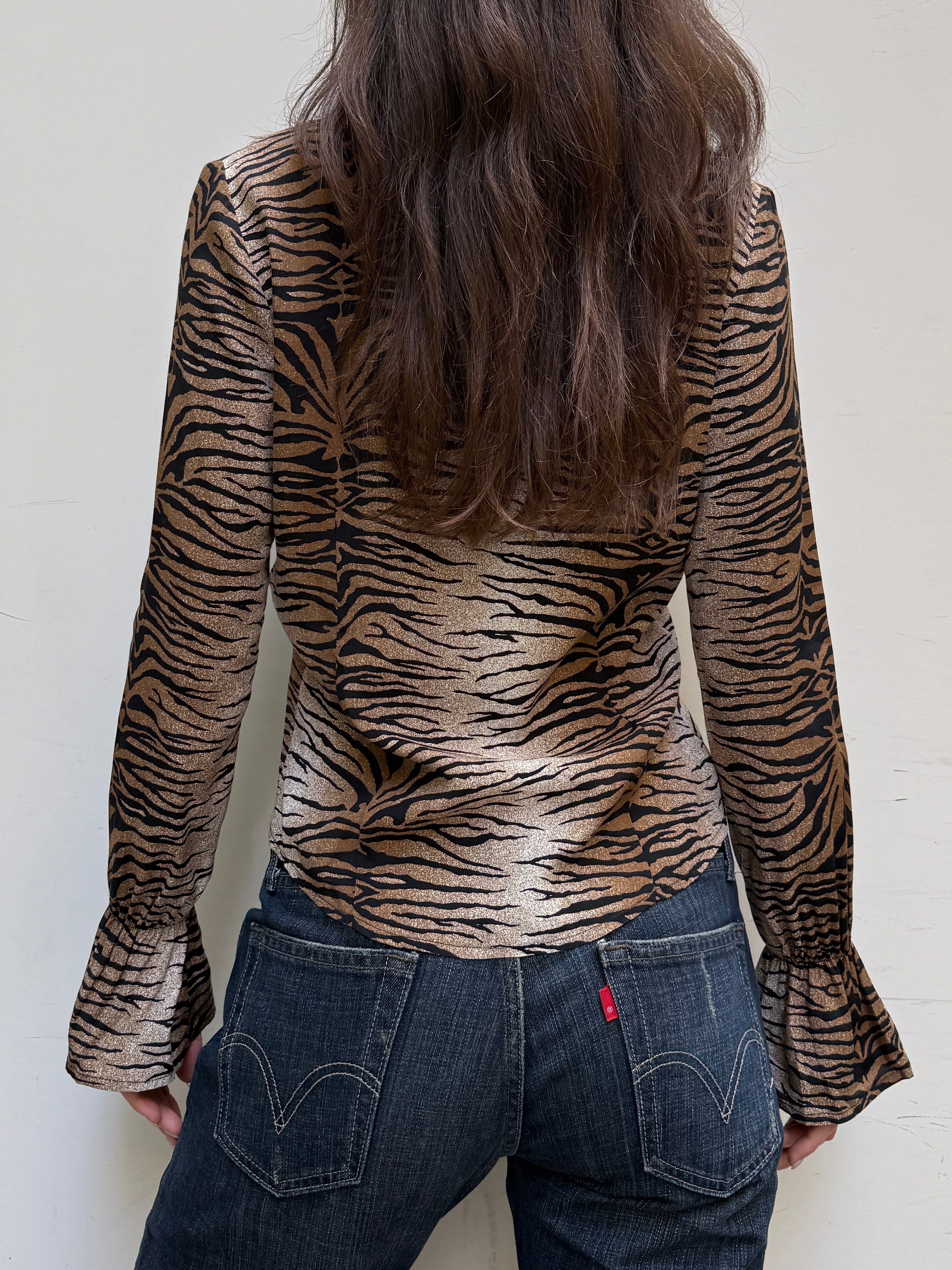 Vintage Tiger Stripe Flared Sleeve Button Down Shirt Top S/