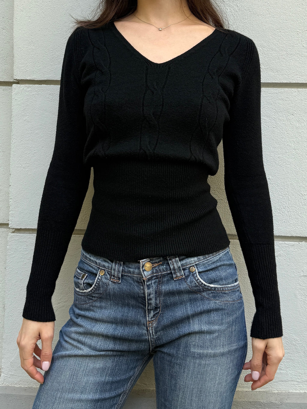 Vintage Wool/Cashmere Blend V-Neck Sweater Top Black S