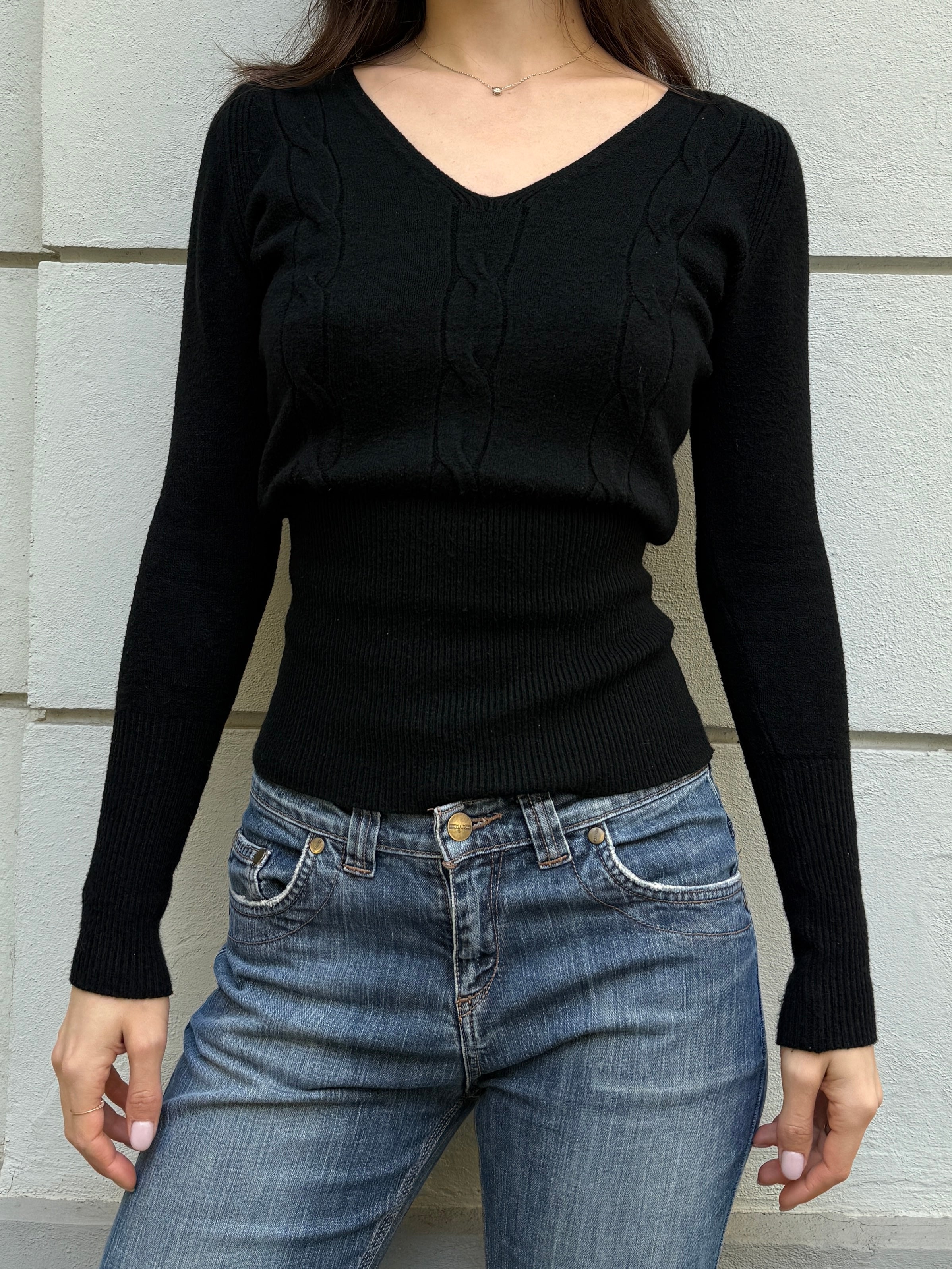 Vintage Wool/Cashmere Blend V-Neck Sweater Top Black S