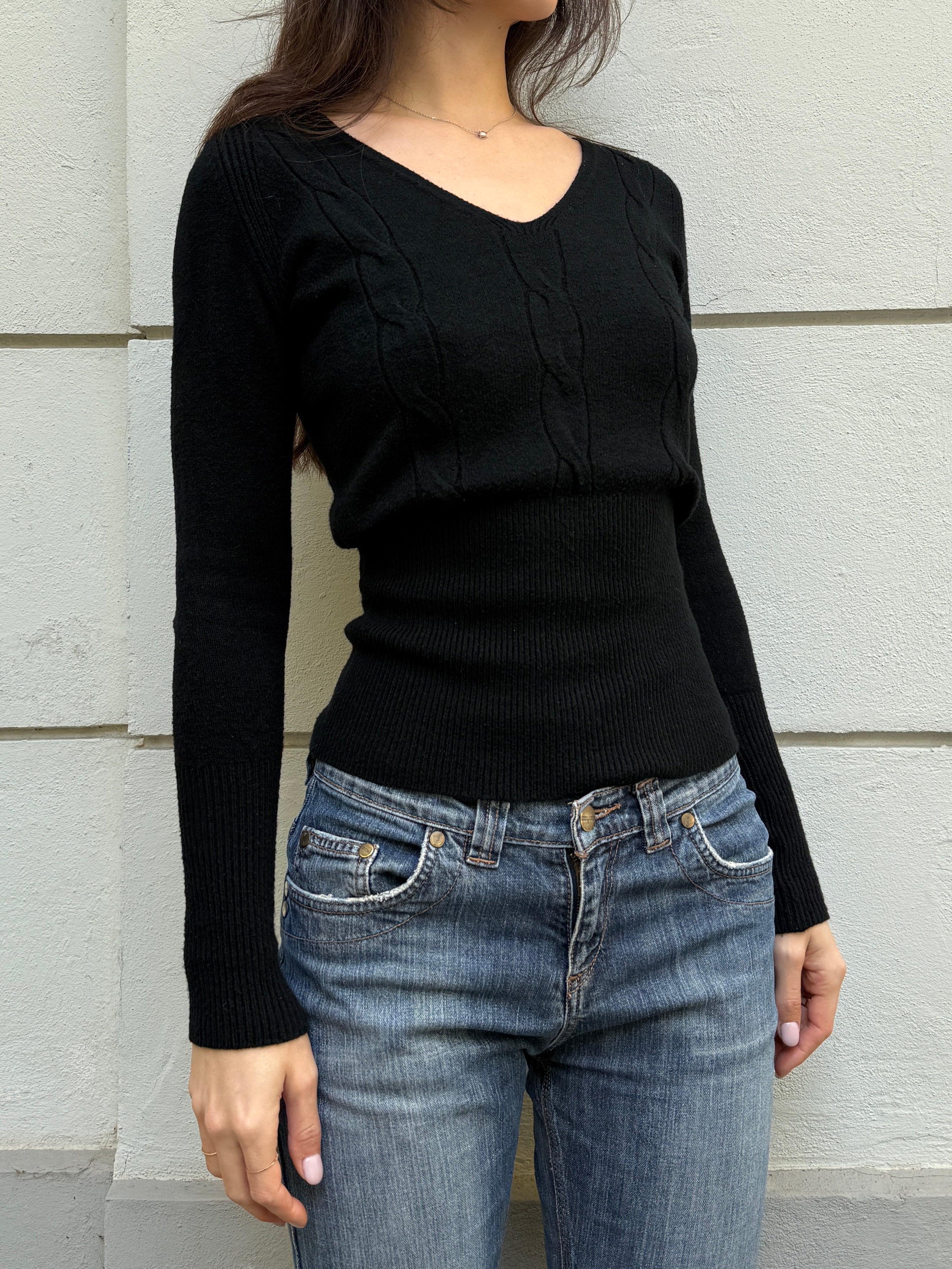 Vintage Wool/Cashmere Blend V-Neck Sweater Top Black S